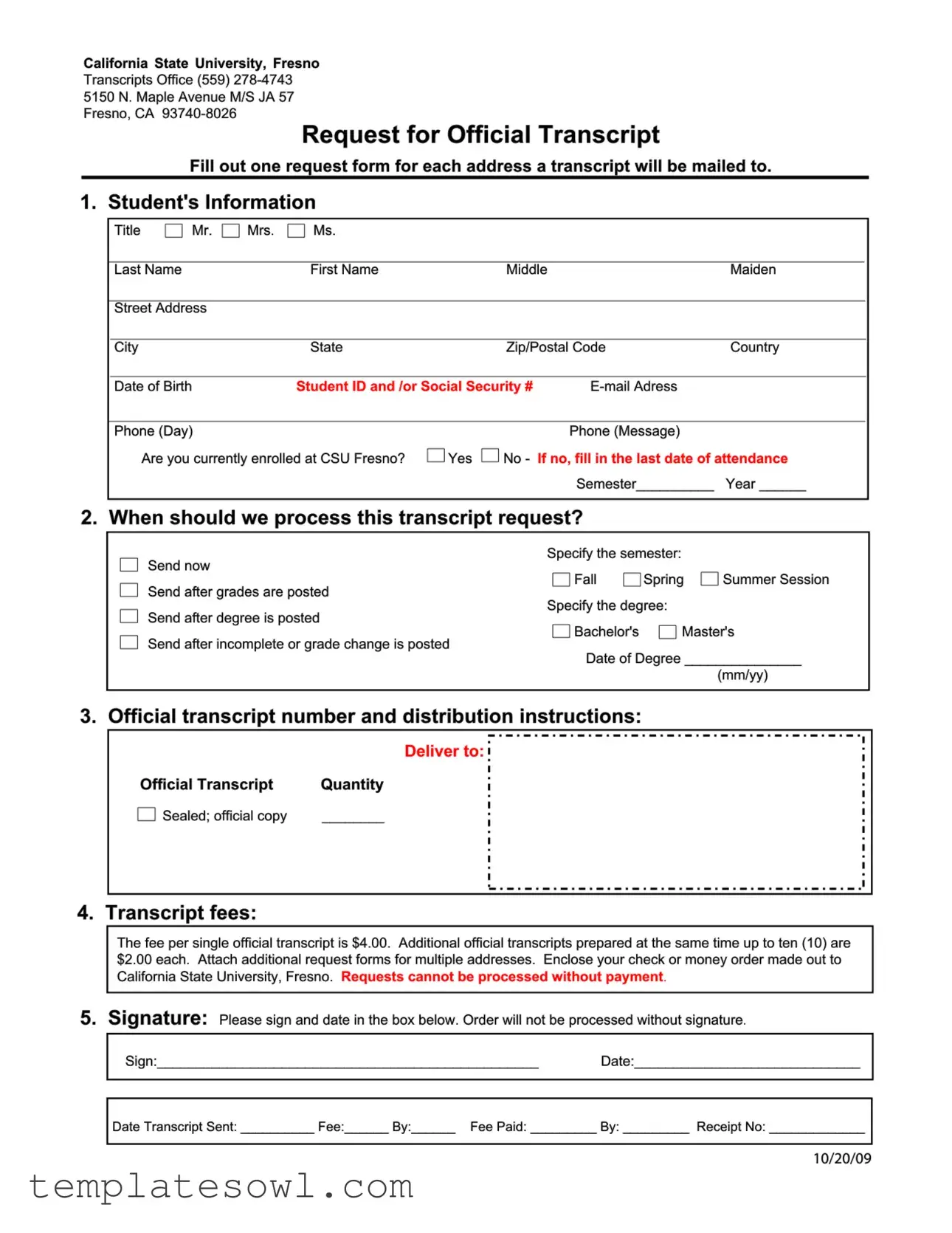 Fill Out Your Fresno Request Transcript Form