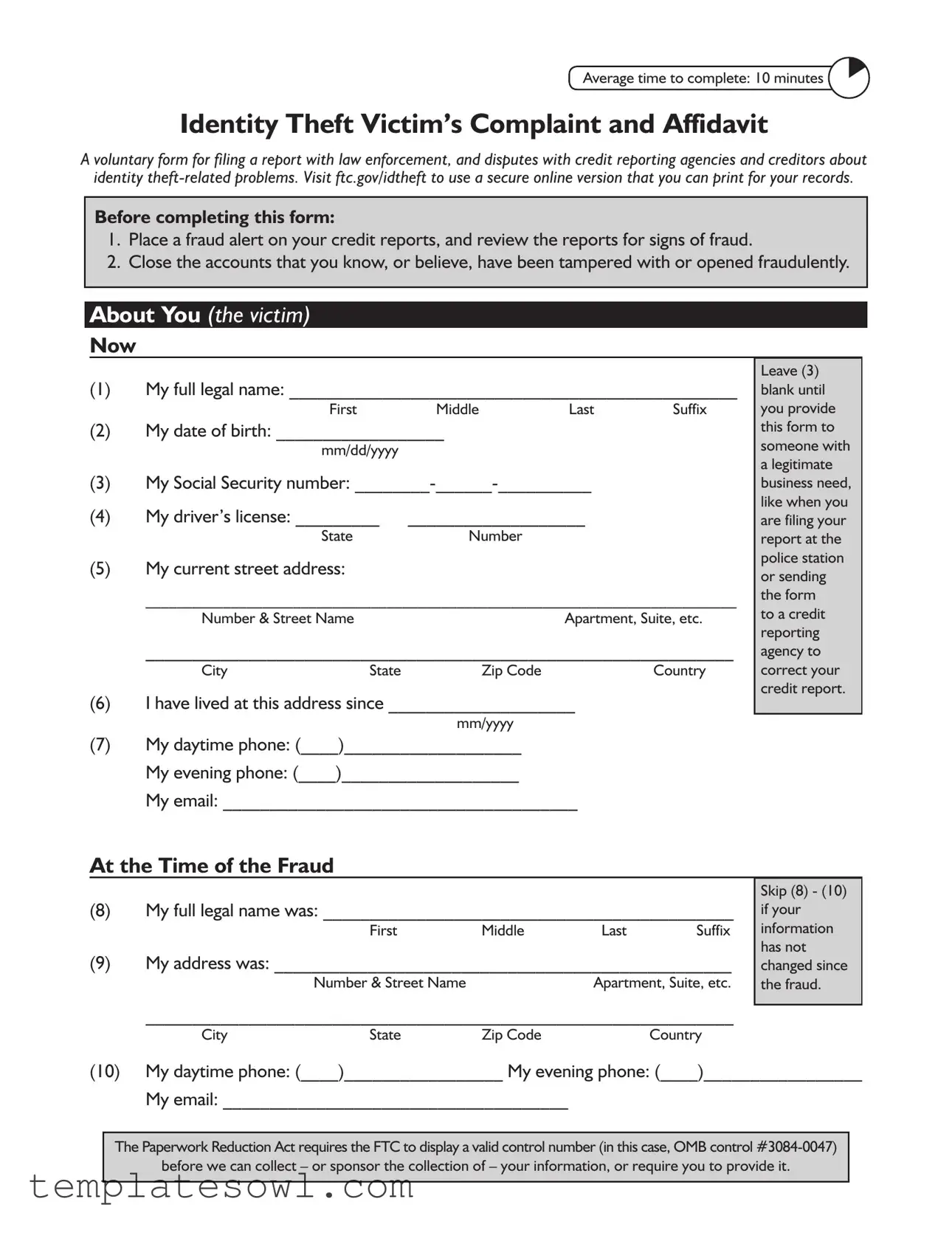 Fill Out Your Ftc Identity Theft Affidavit Form