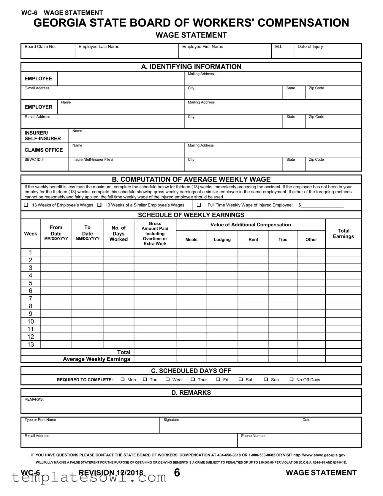 Fill Out Your Ga Wc 6 Form