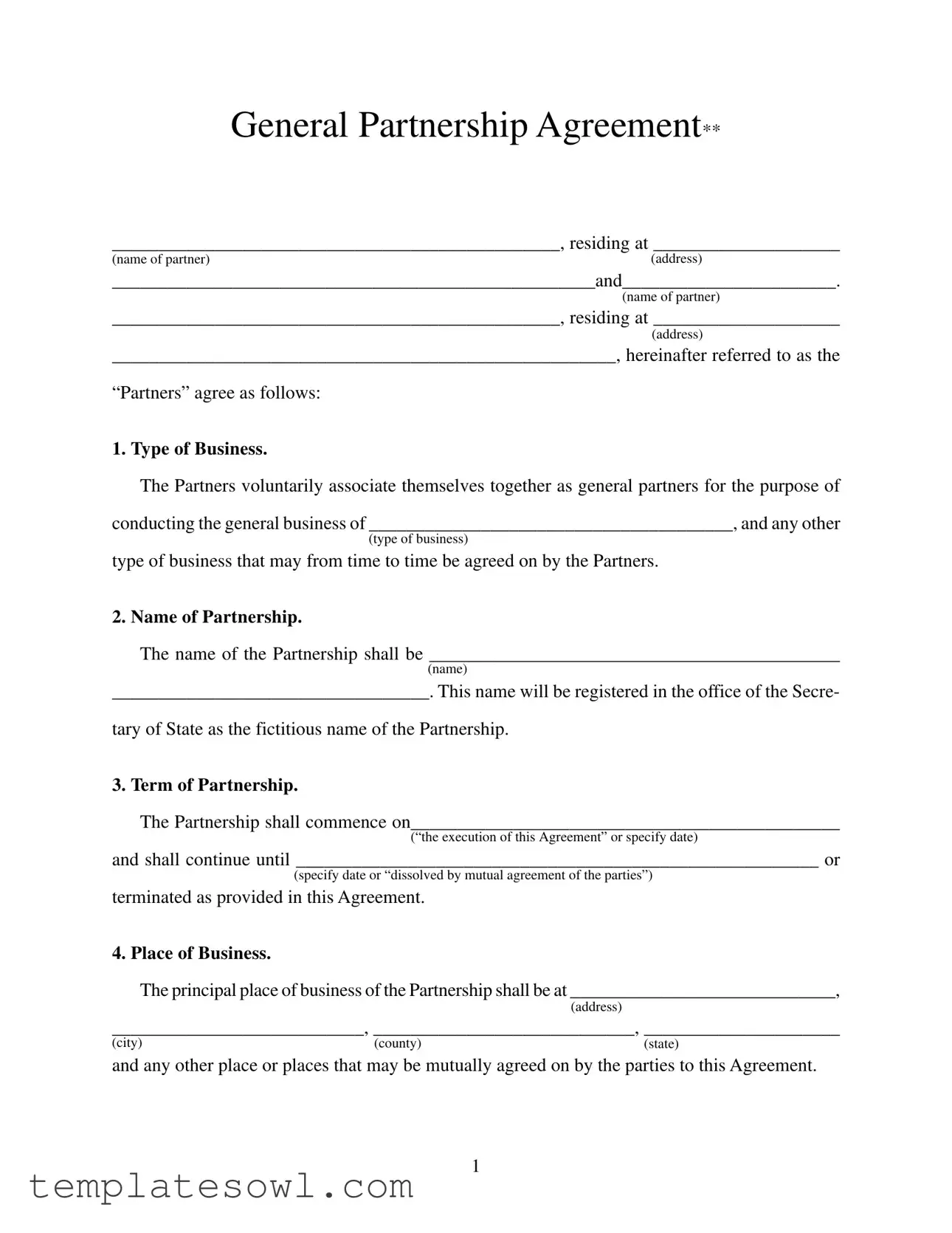 Fill Out Your General Partnership Agreement Form