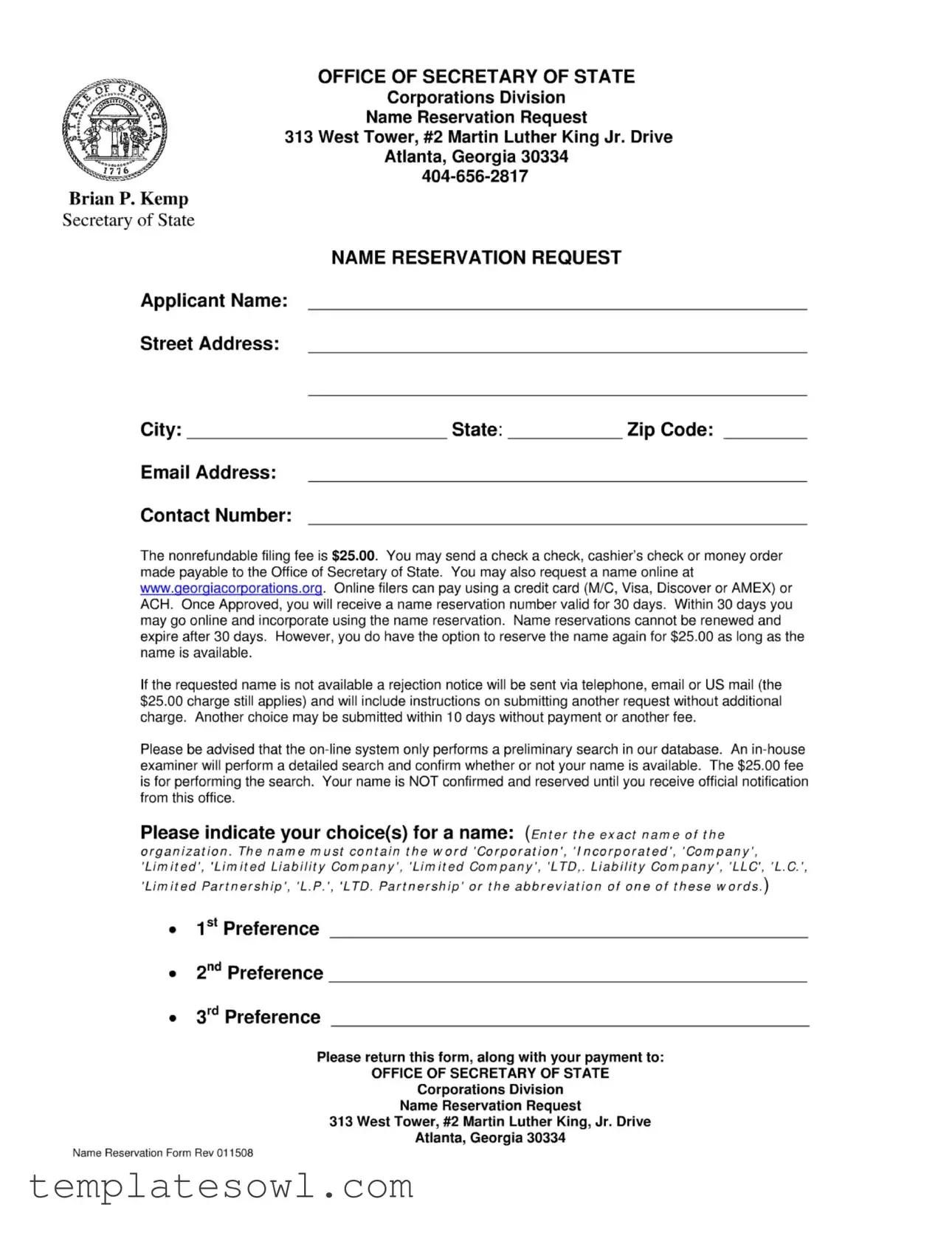 Fill Out Your Georgia Name Reservation Form