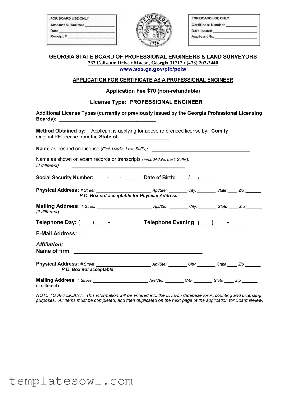 Fill Out Your Georgia Pe Comity Application Form