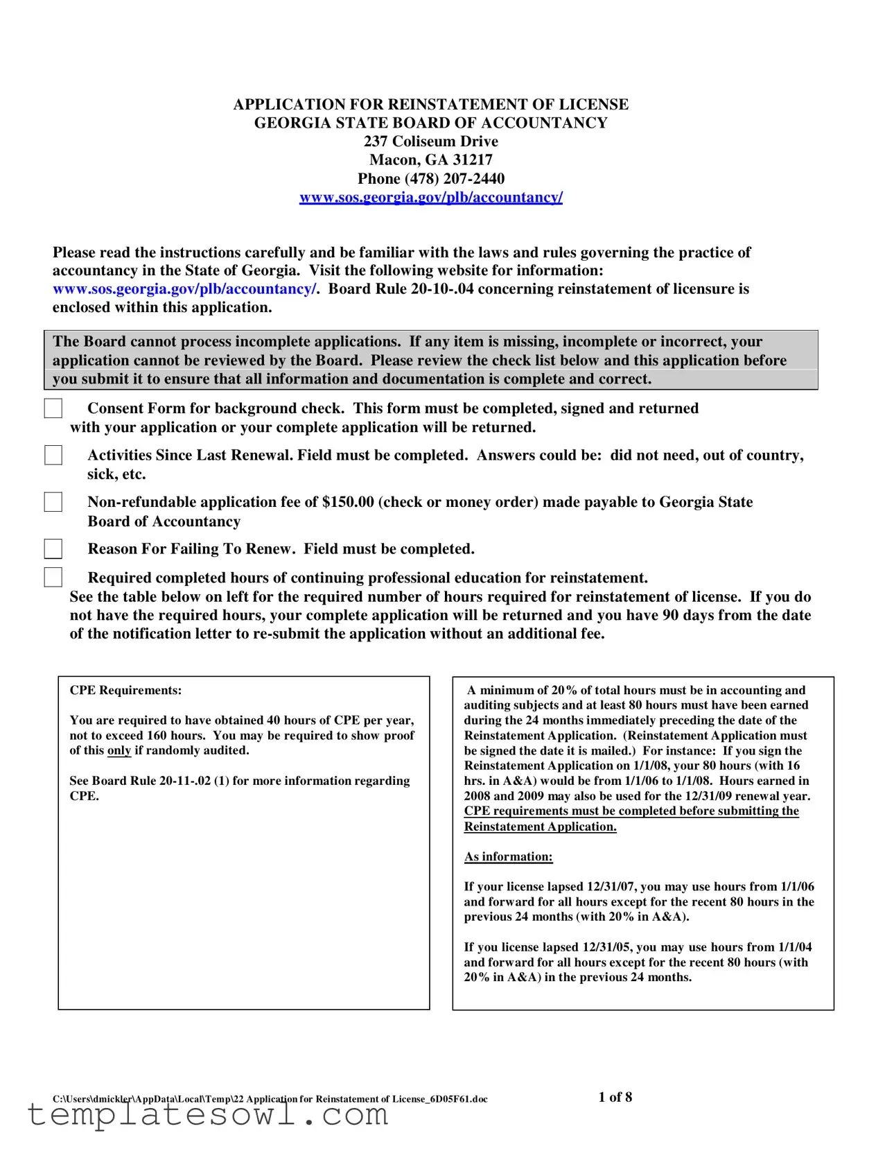 Fill Out Your Georgia Reinstatement Nursing Form