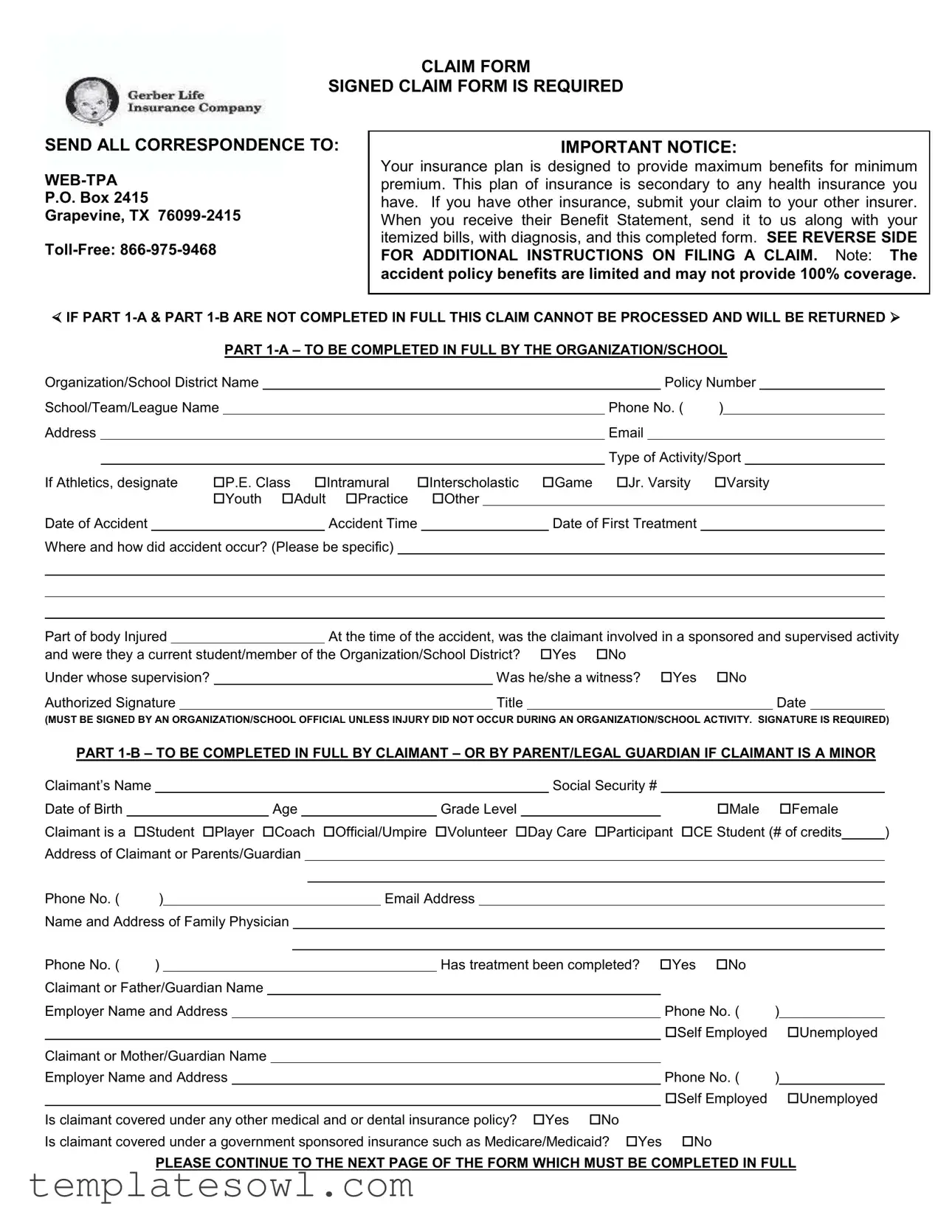 Fill Out Your Gerber Life Insurance Claim Form