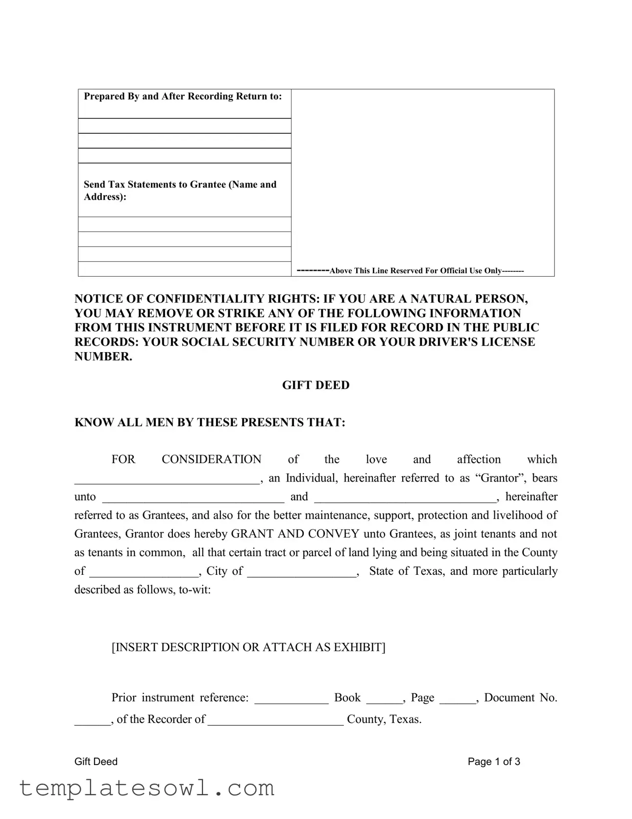 Fill Out Your Gift Deed Texas Form