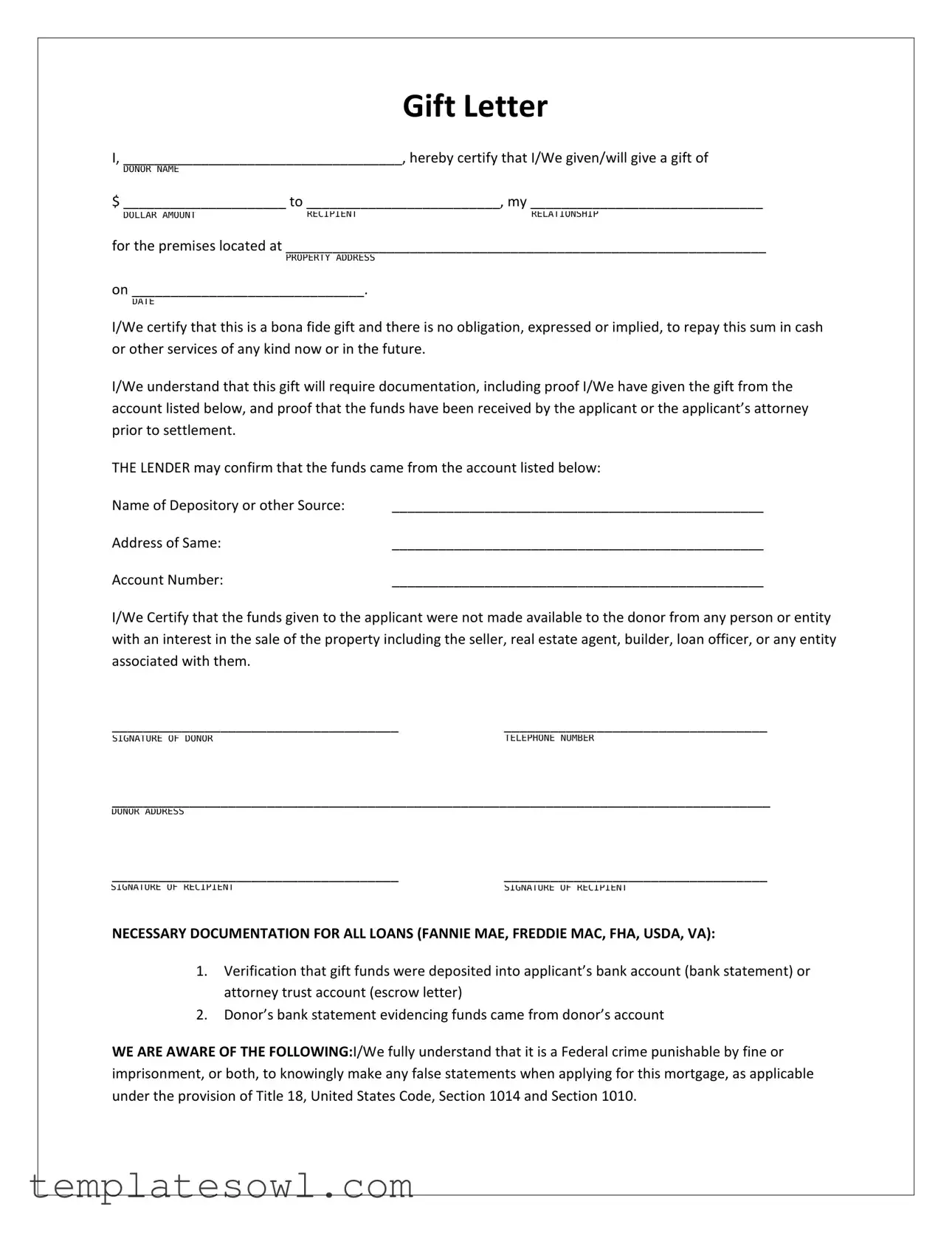 Fill Out Your Gift Letter For Mortgage Form