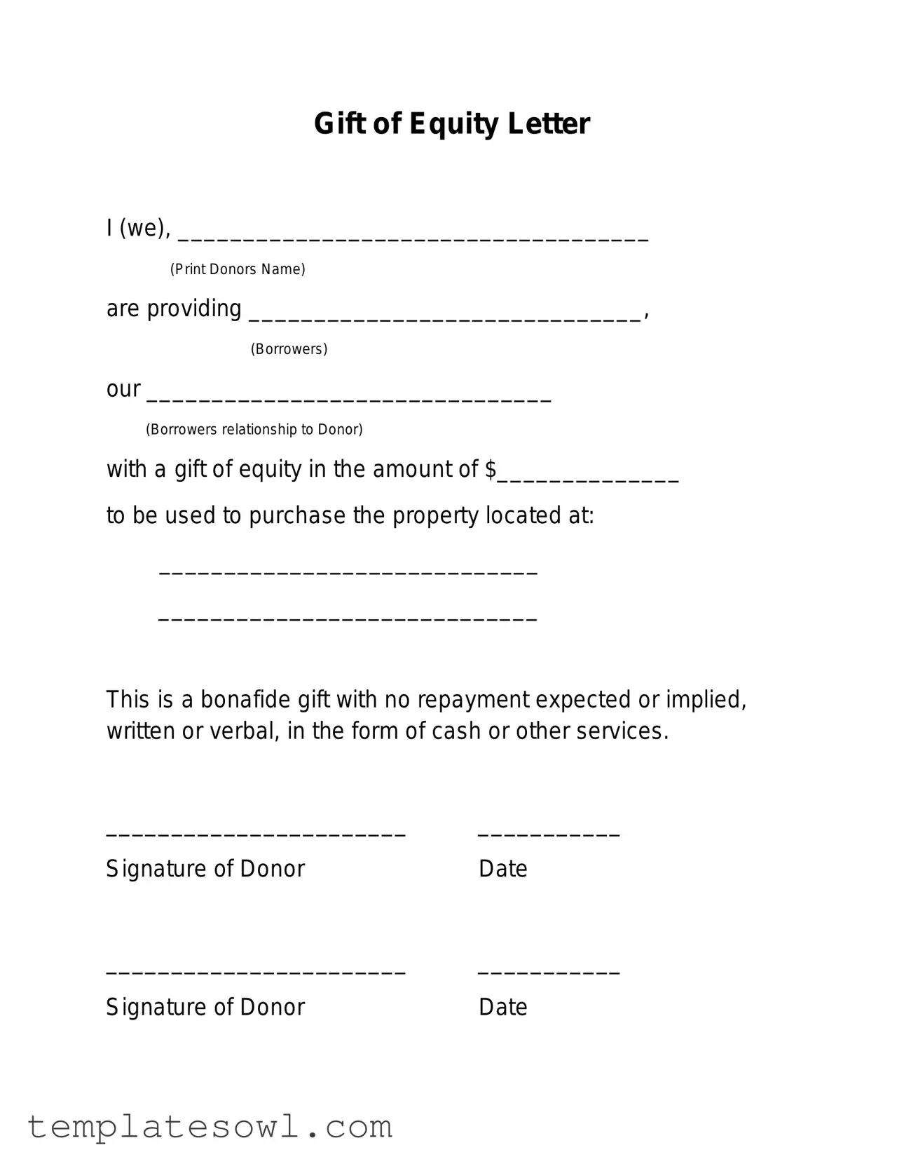 Fill Out Your Gift Of Equity Letter Form