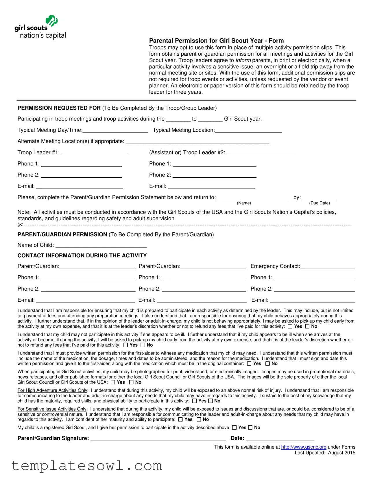 Fill Out Your Girl Scout Parent Permission Form