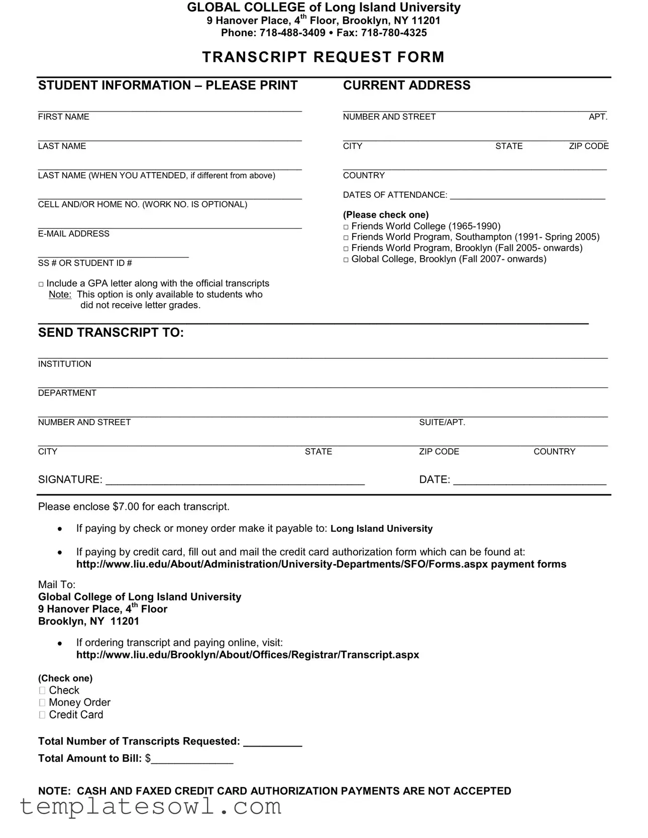 Fill Out Your Global College Of Liu Transcript Request Form