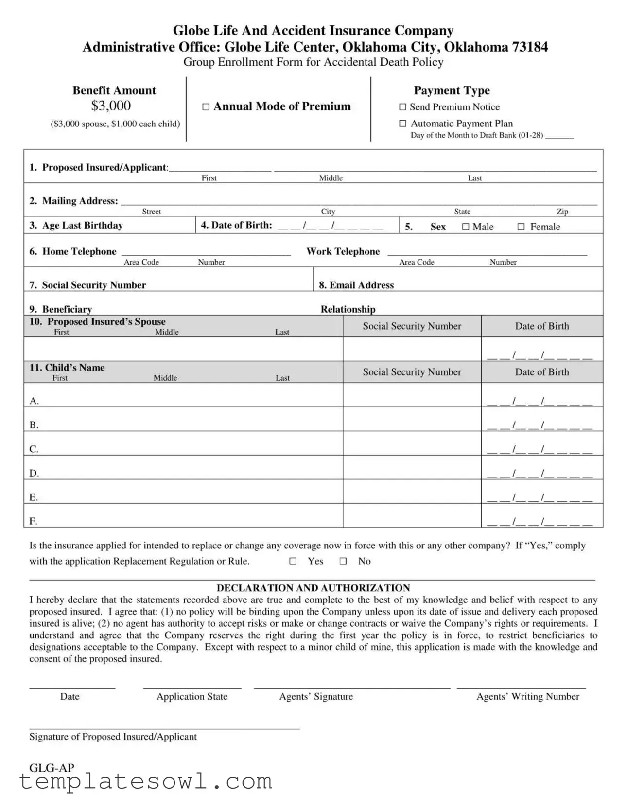 Fill Out Your Globe Life And Accident Insurance Form