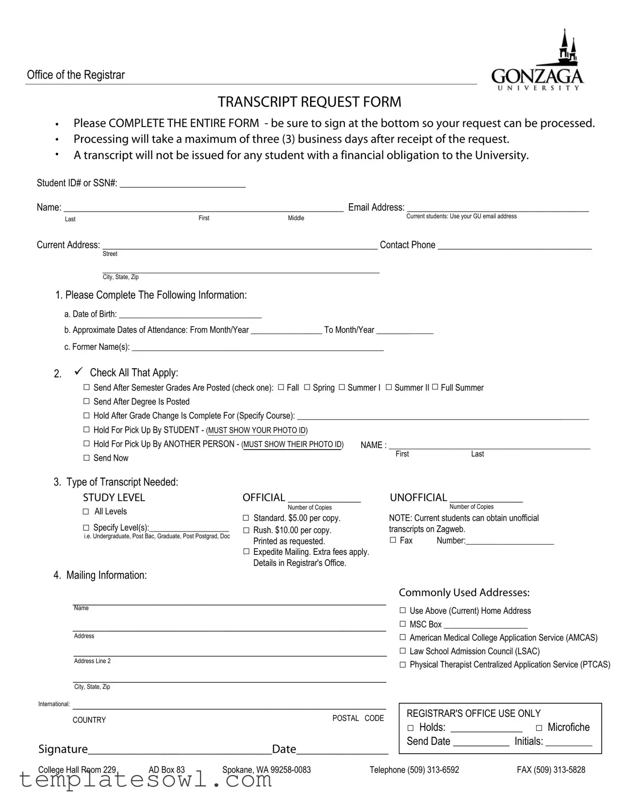 Fill Out Your Gonzaga University Transcript Form