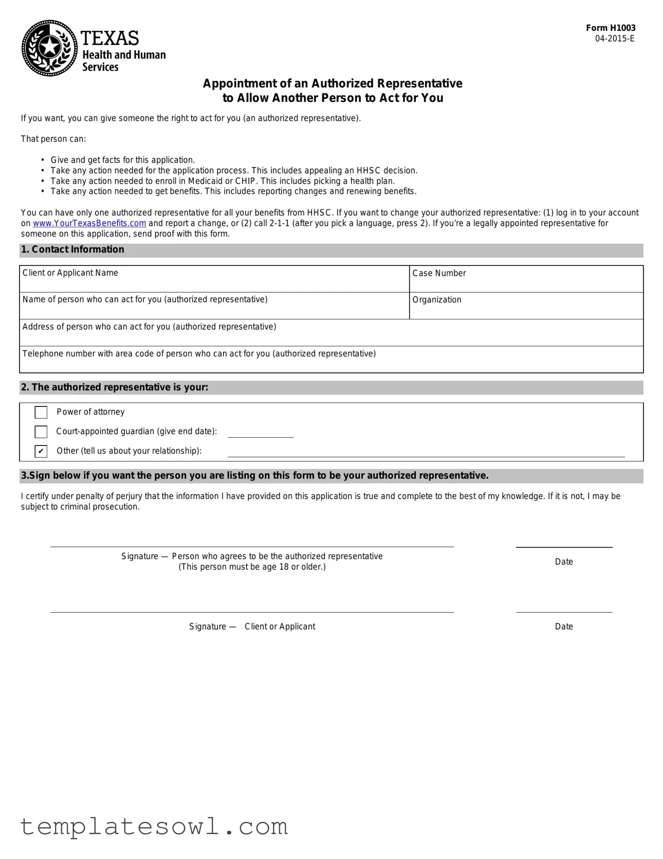 Fill Out Your H1003 Form