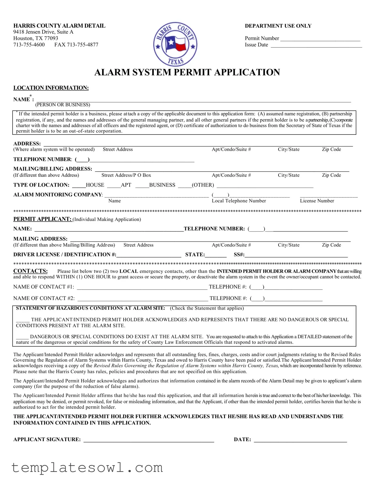 Fill Out Your Harris County Alarm Permit Form