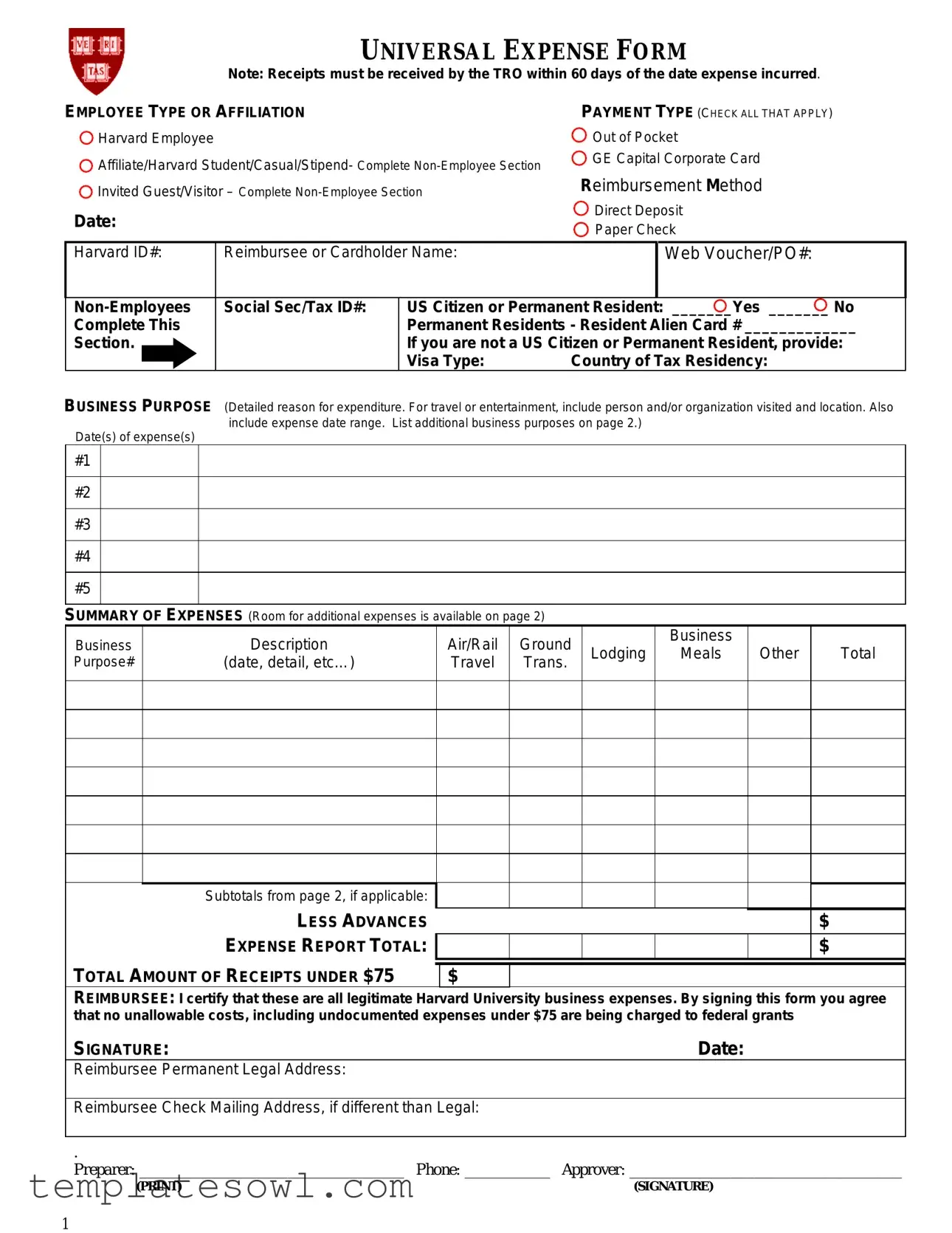 Fill Out Your Harvard University Expense Form