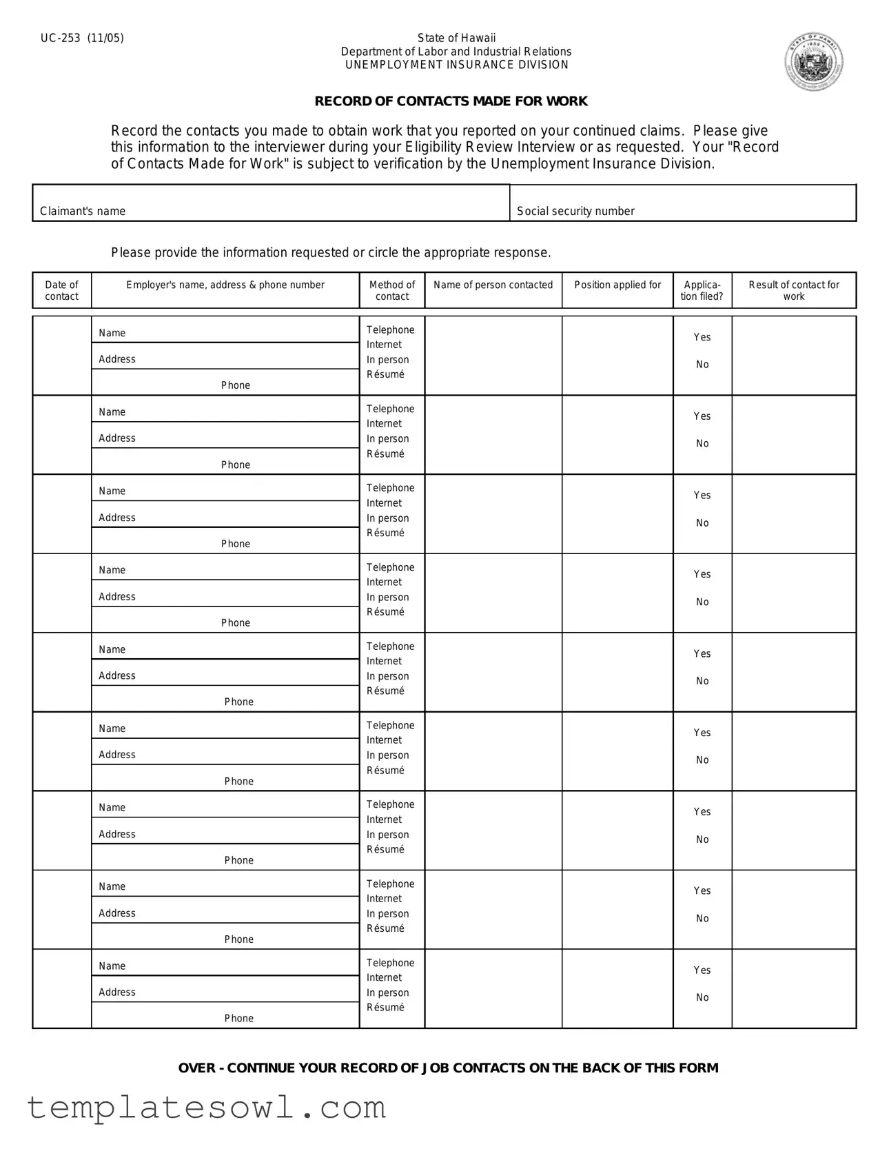 Fill Out Your Hawaii Uc 253 Form