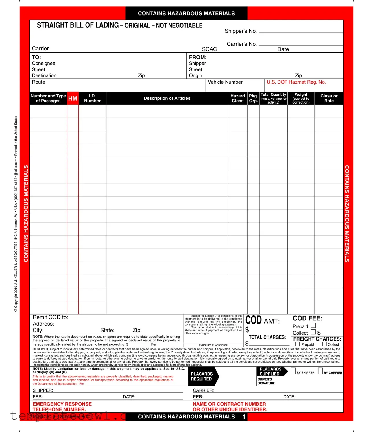 Fill Out Your Hazard Bill Of Ladden Form