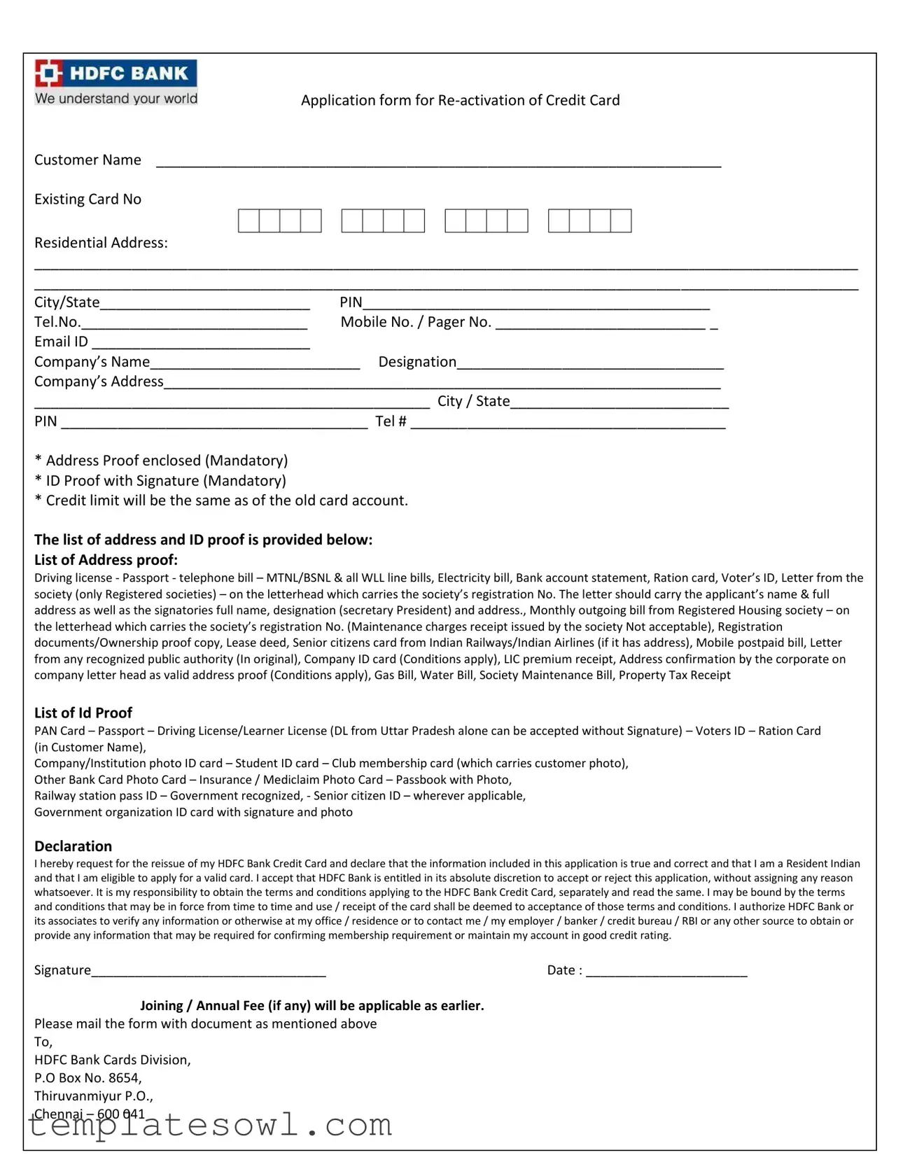 Fill Out Your Hdfc Bank Card Reactivation Form