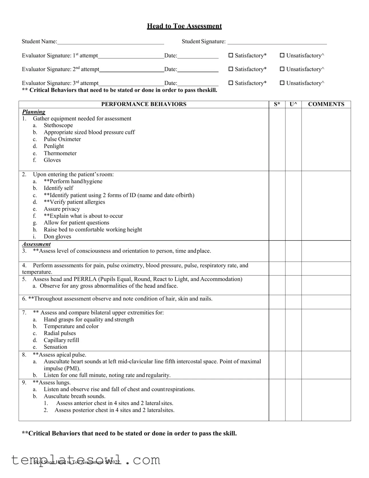Fill Out Your Head Toe Assessment Form