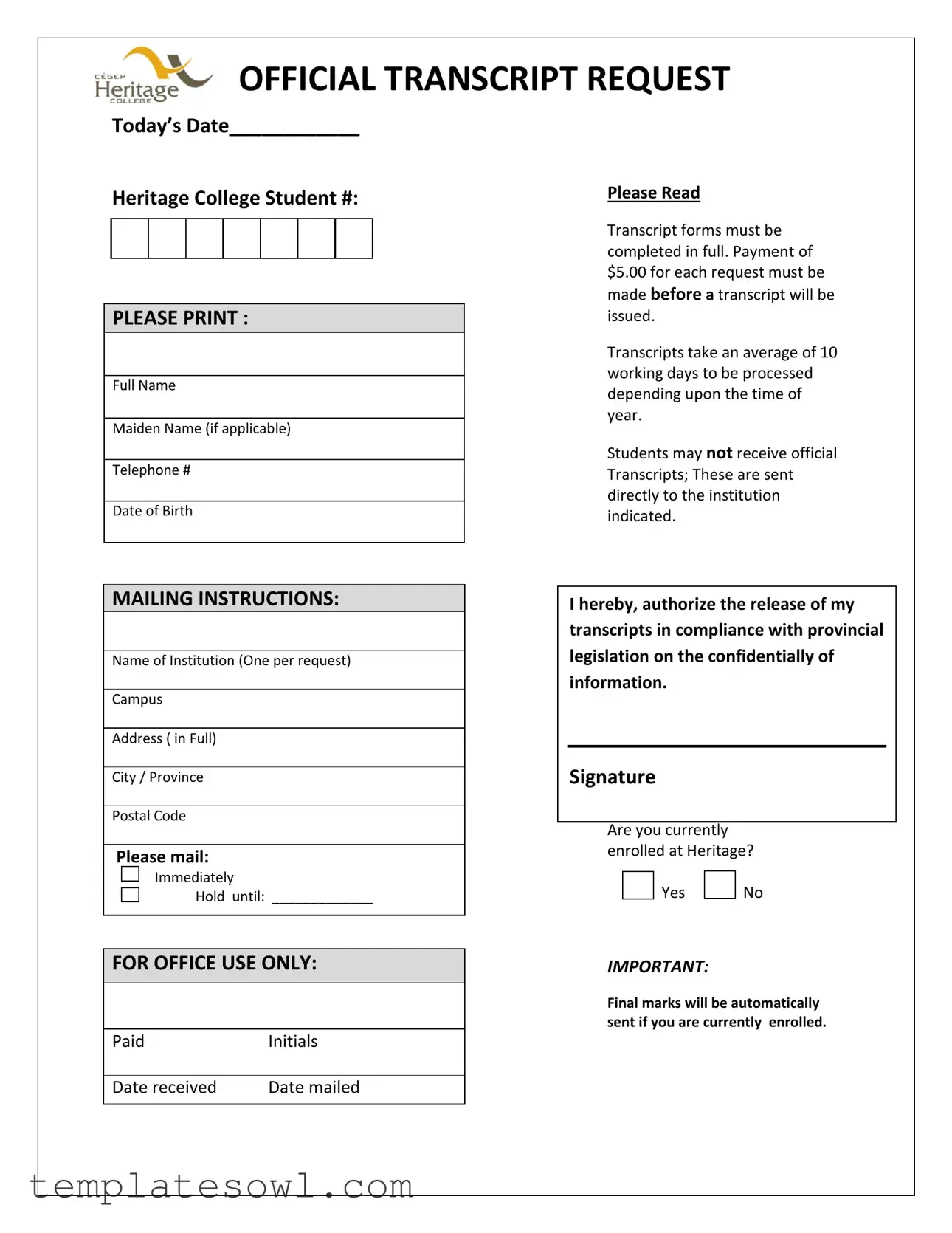 Fill Out Your Heritage College Transcript Form
