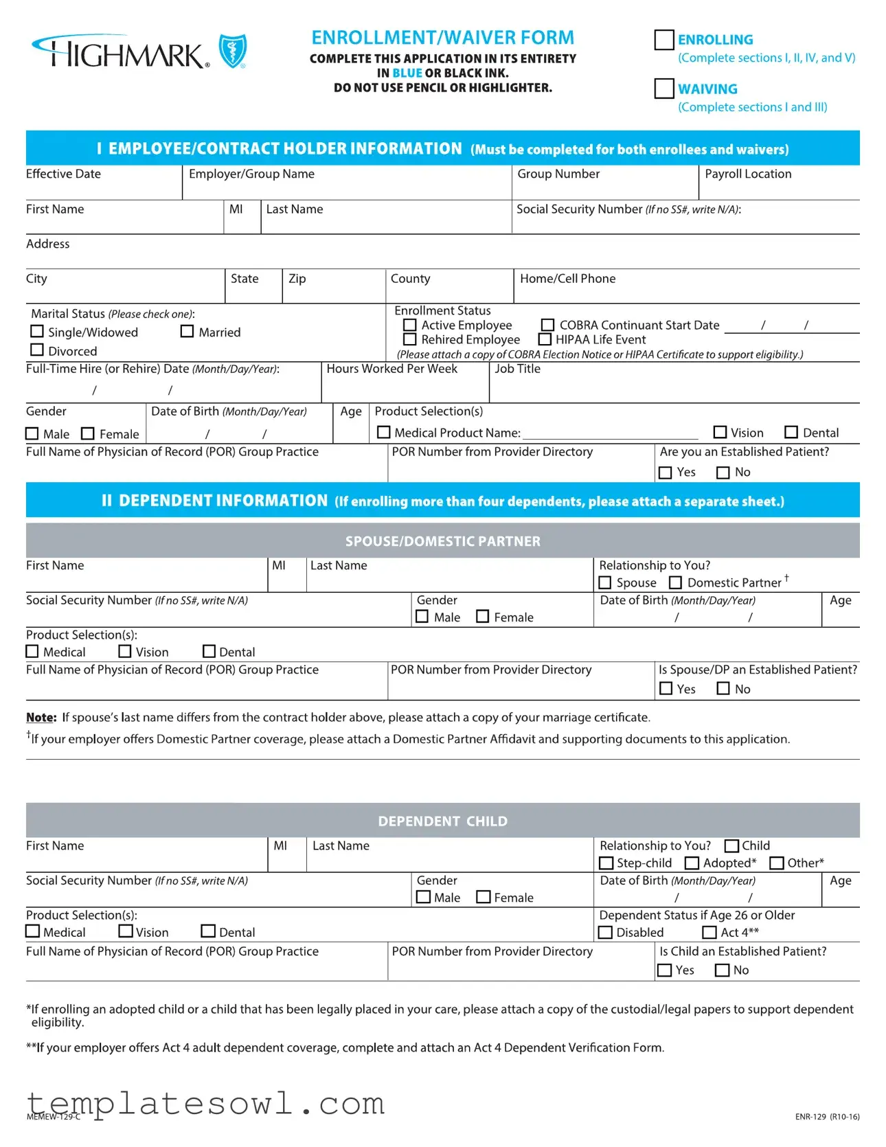 Fill Out Your Highmark Enrollment Form