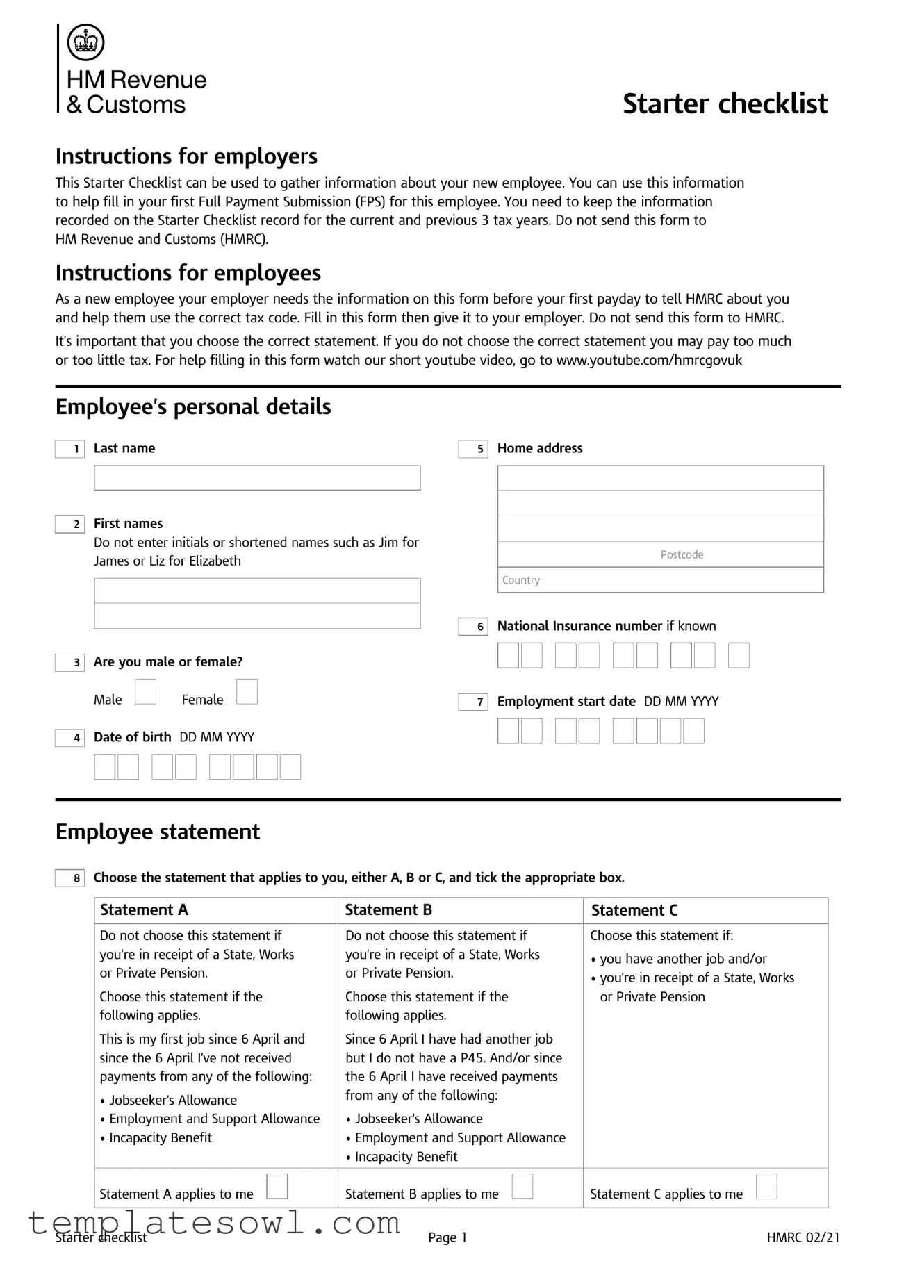 Fill Out Your Hmrc Starter Checklist Form