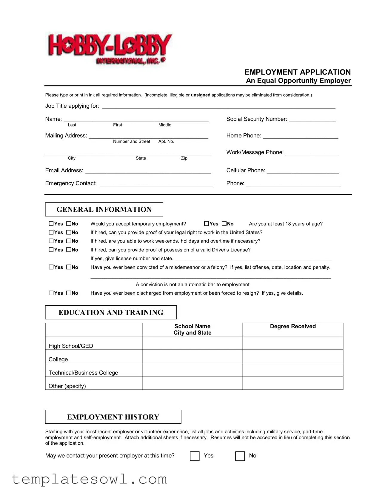 Fill Out Your Hobby Lobby Application Form