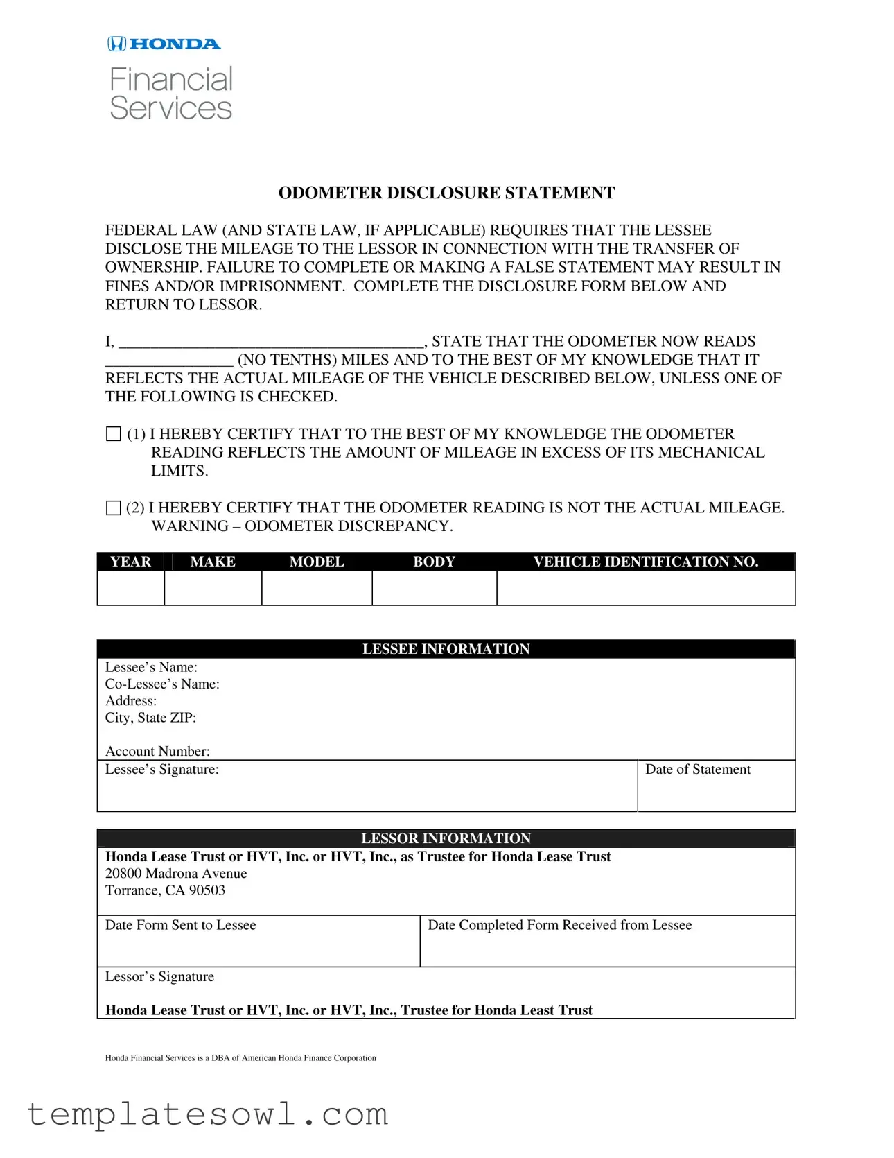 Fill Out Your Honda Odometer Statement Form