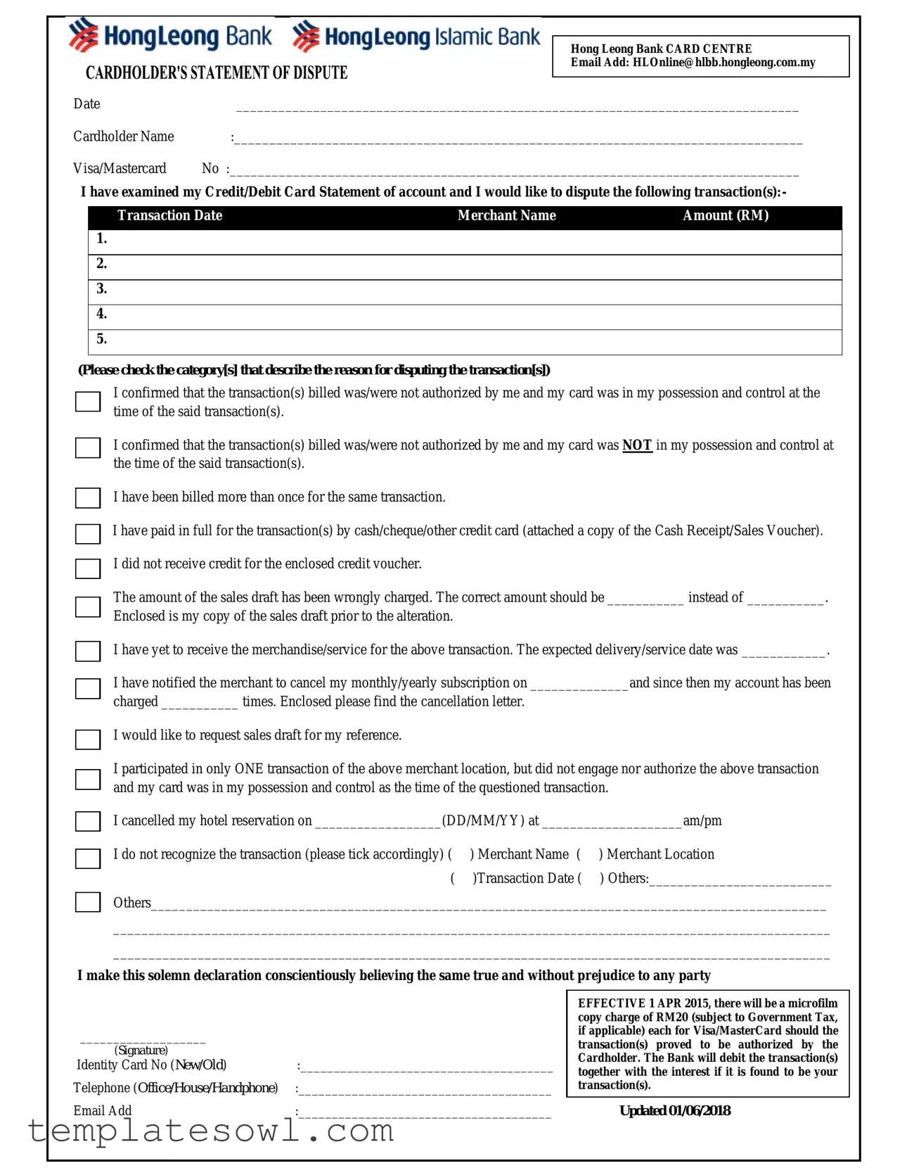 Fill Out Your Hong Leong Bank Dispute Form