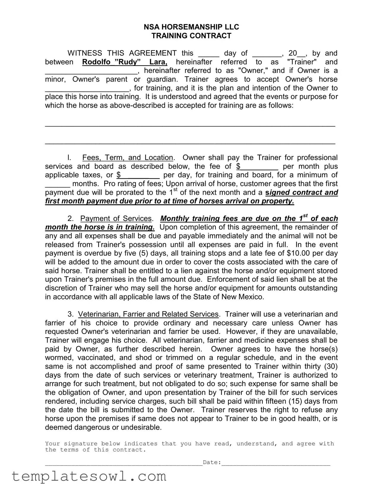 Fill Out Your Horse Training Contract Form