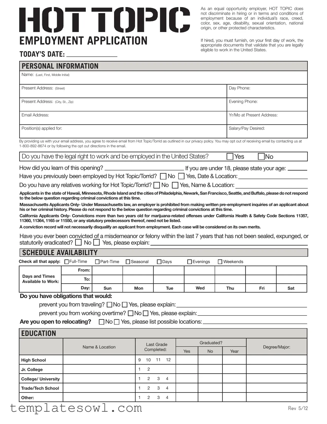 Fill Out Your Hot Topic Application Form