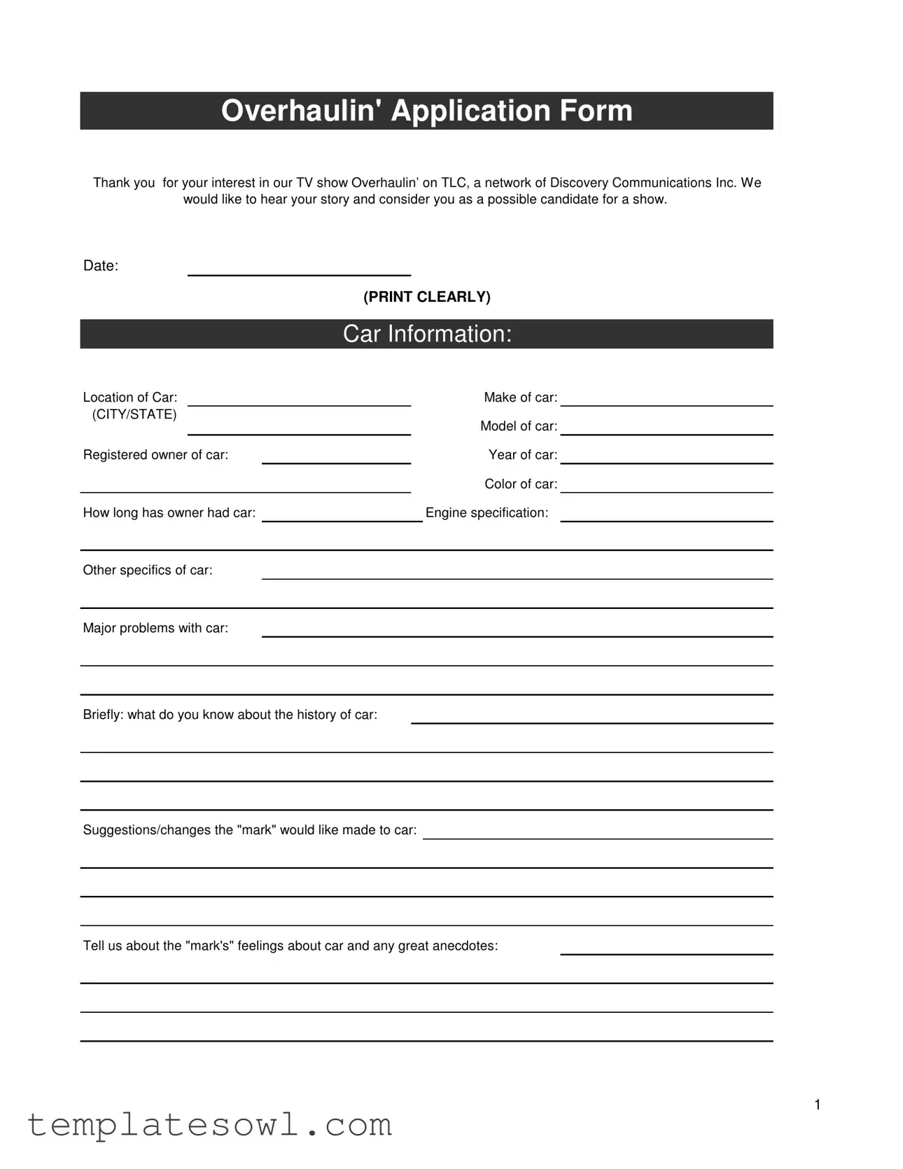 Fill Out Your How To Apply For Overhaulin Tv Show Form