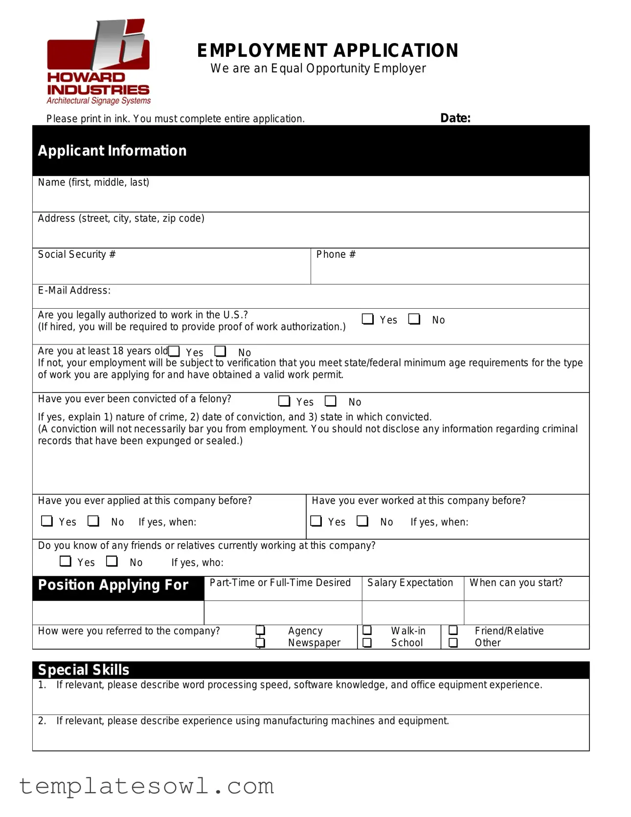 Fill Out Your Howard Industries Application Form
