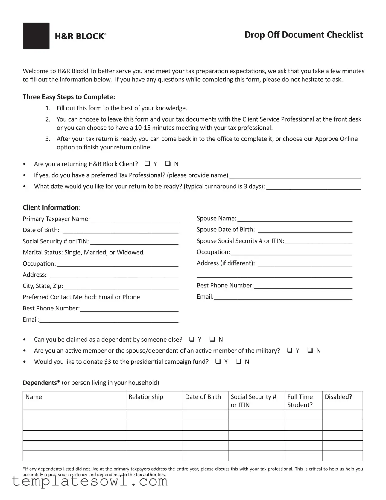 Fill Out Your Hr Block Drop Off Checklist Form