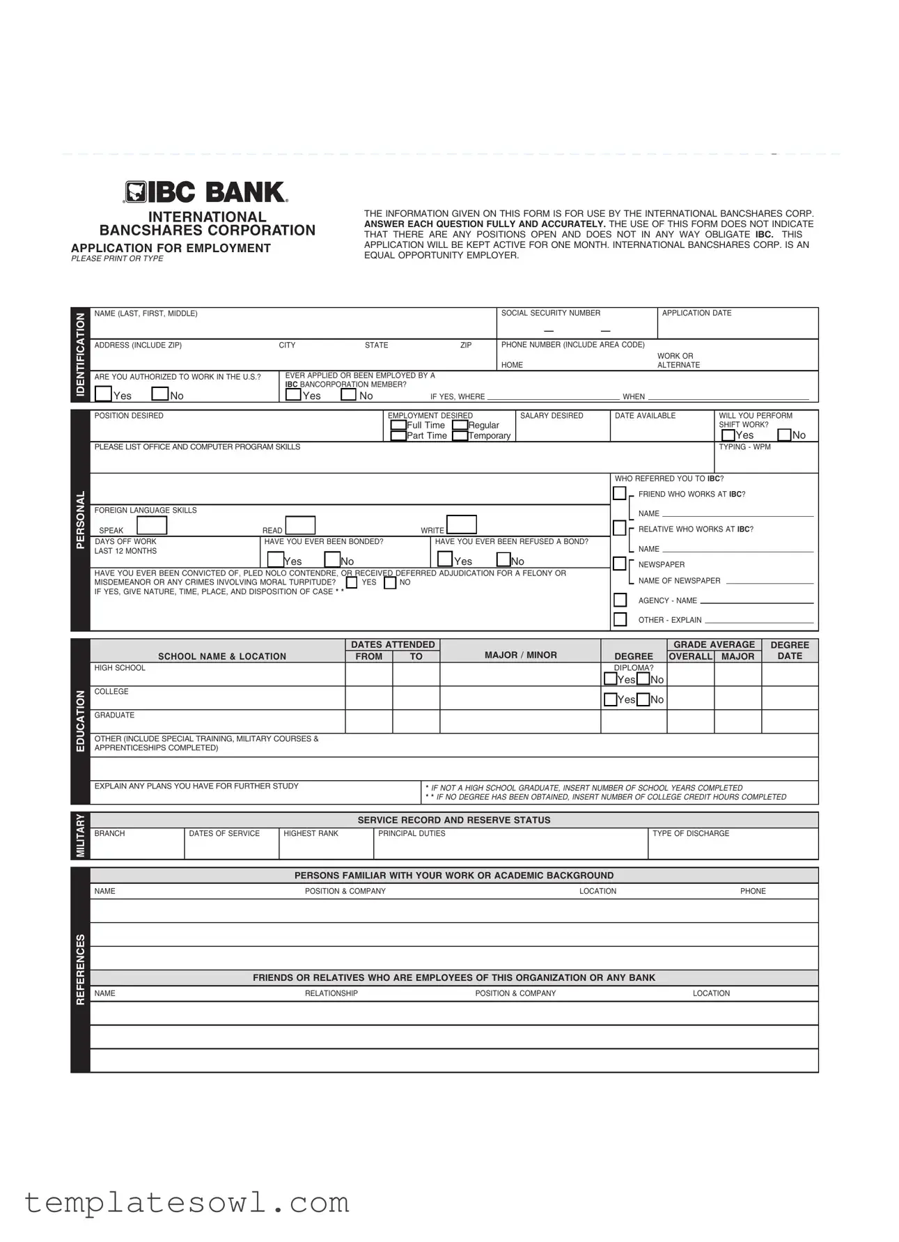 Fill Out Your Ibc Bank Job Application Form