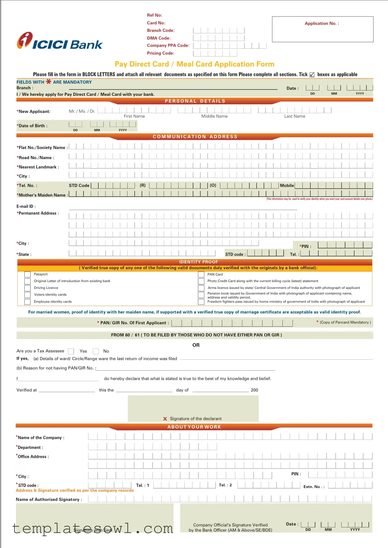 Fill Out Your Icici Pay Direct Card Form