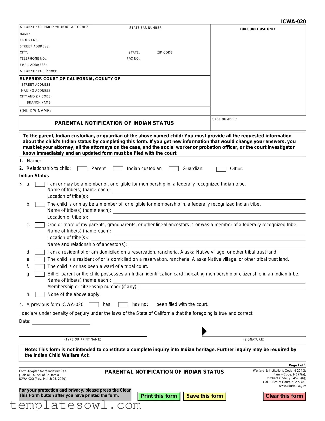 Fill Out Your Icwa 020 Form