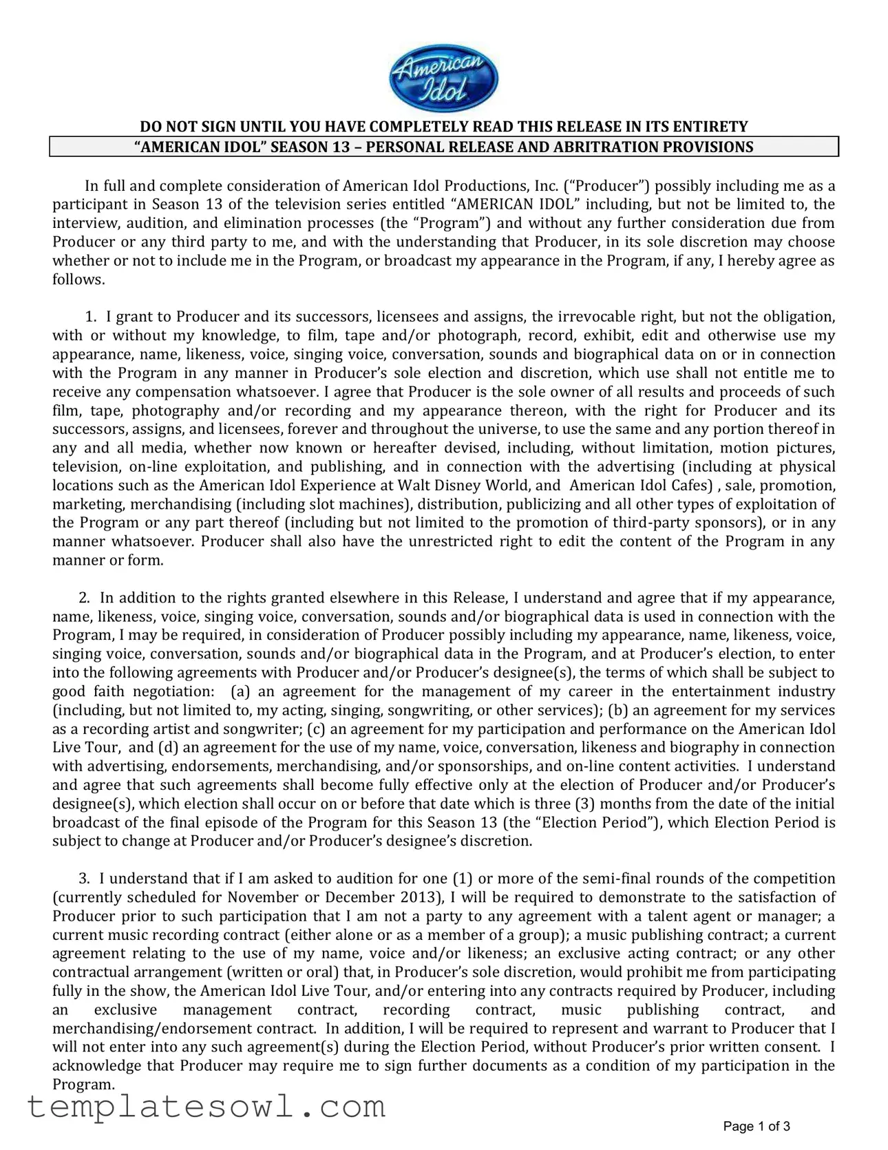 Fill Out Your Idol Personal Release Form
