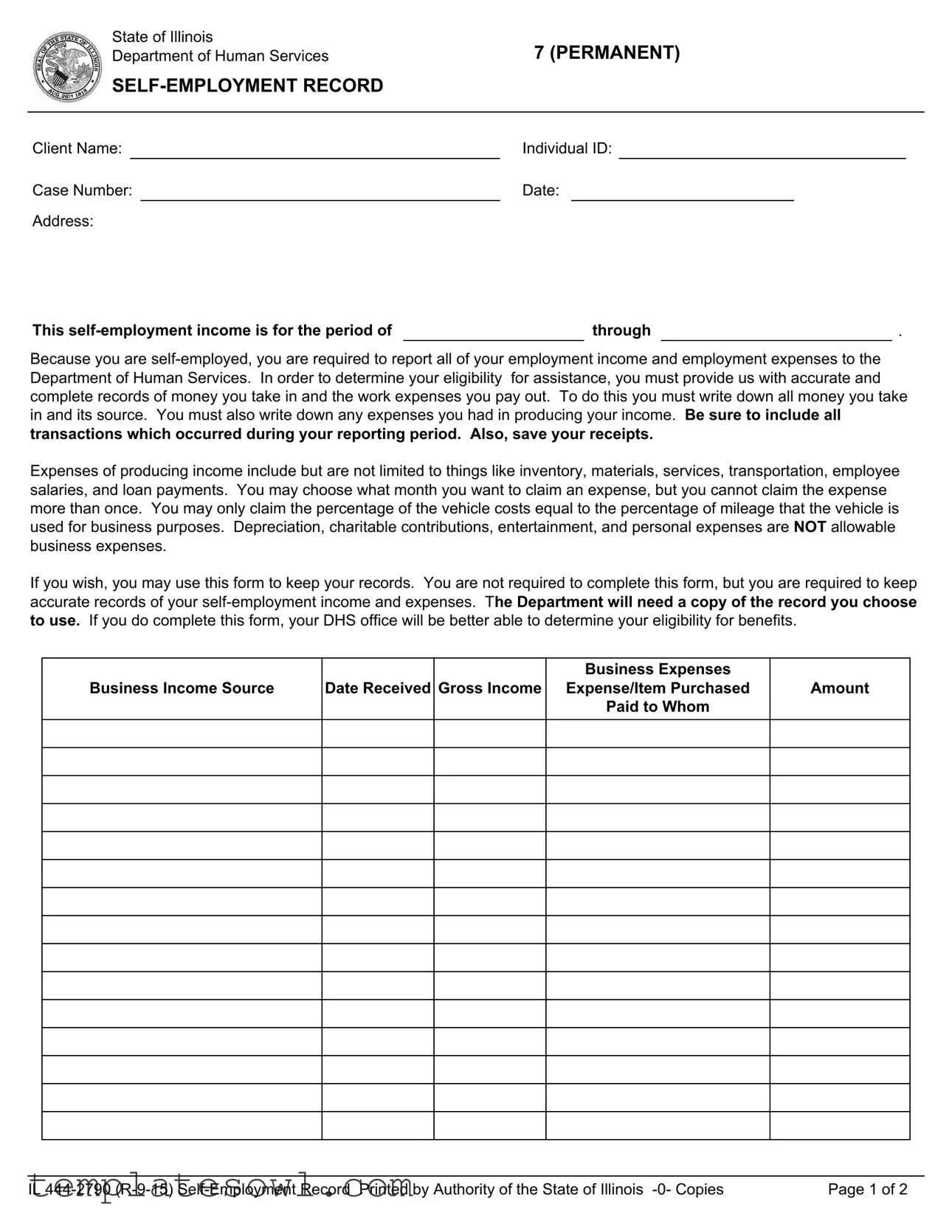 Fill Out Your Il 444 2790 Self Employment Record Form