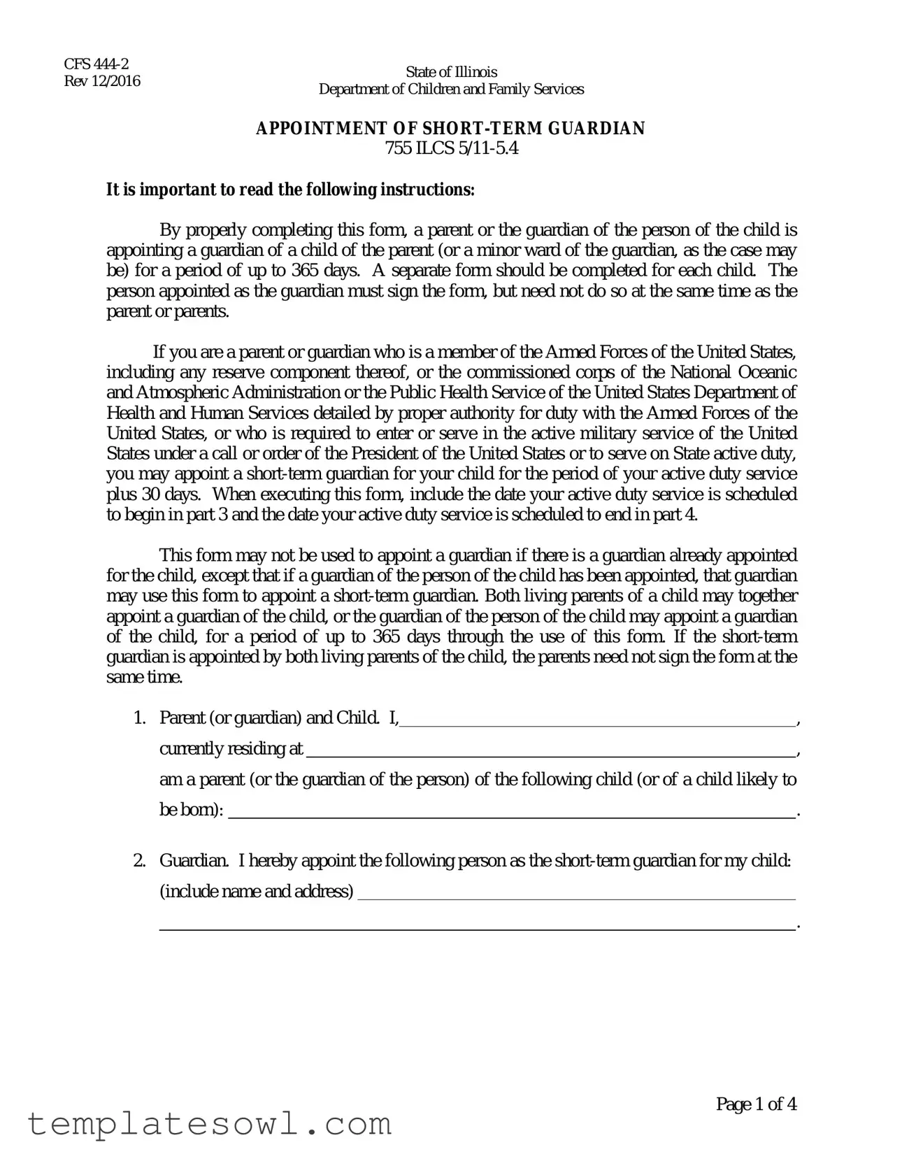 Fill Out Your Illinois Appointment Short Term Guardian Form