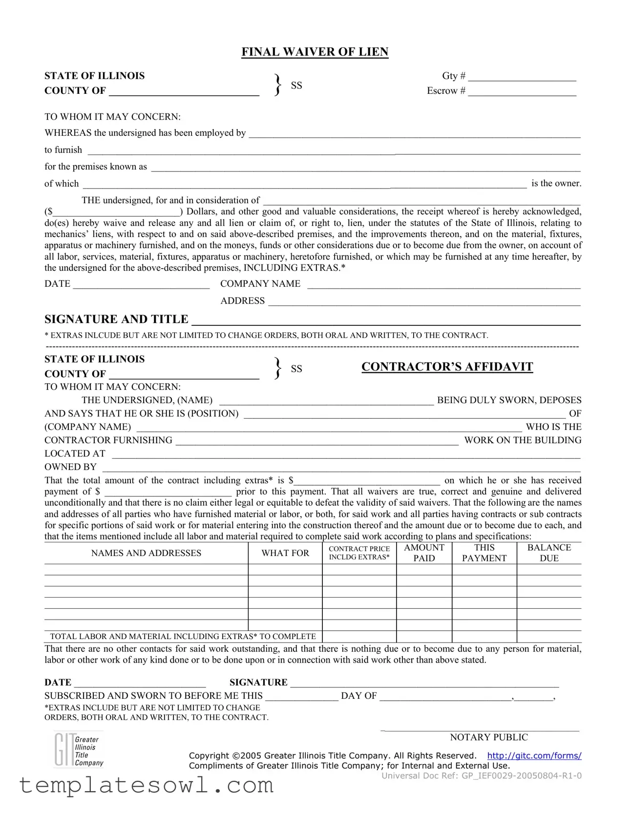Fill Out Your Illinois Final Waiver Of Lien Form
