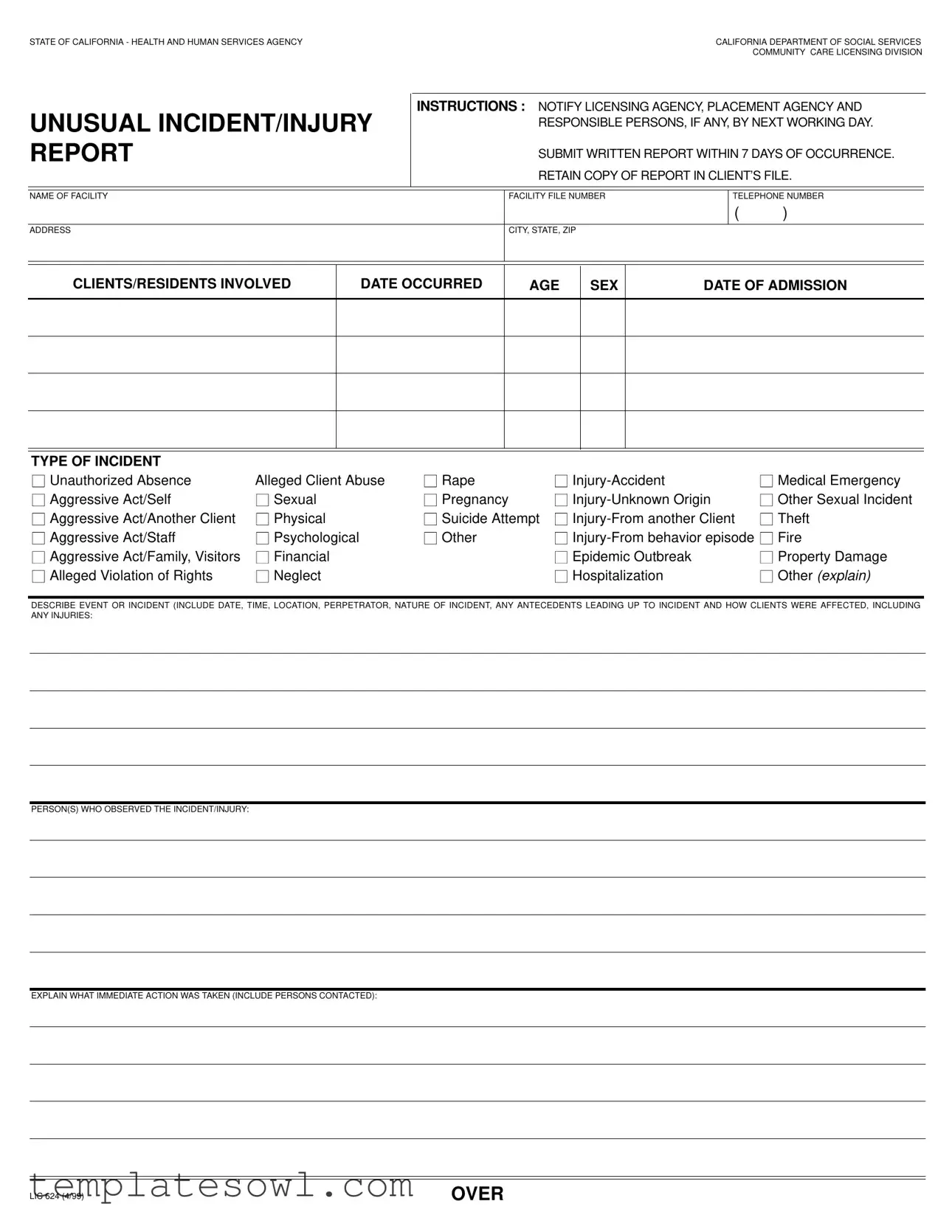 Fill Out Your Incident Report Lic 624 Form