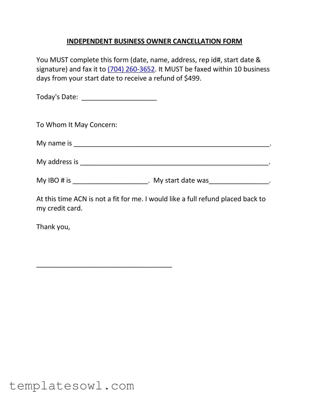 Fill Out Your Independent Business Cancellation Form