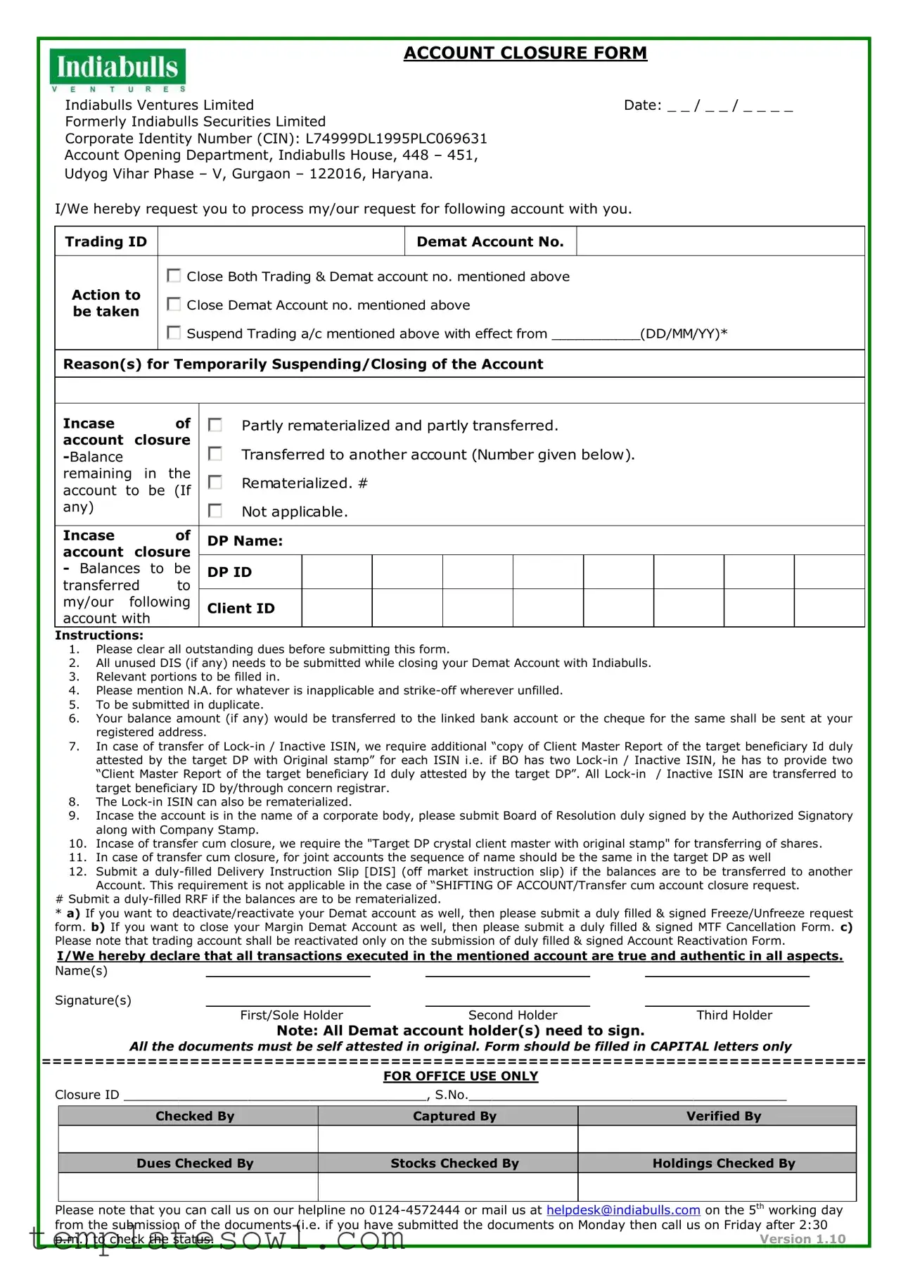 Fill Out Your Indiabulls Ventures Account Closer Form