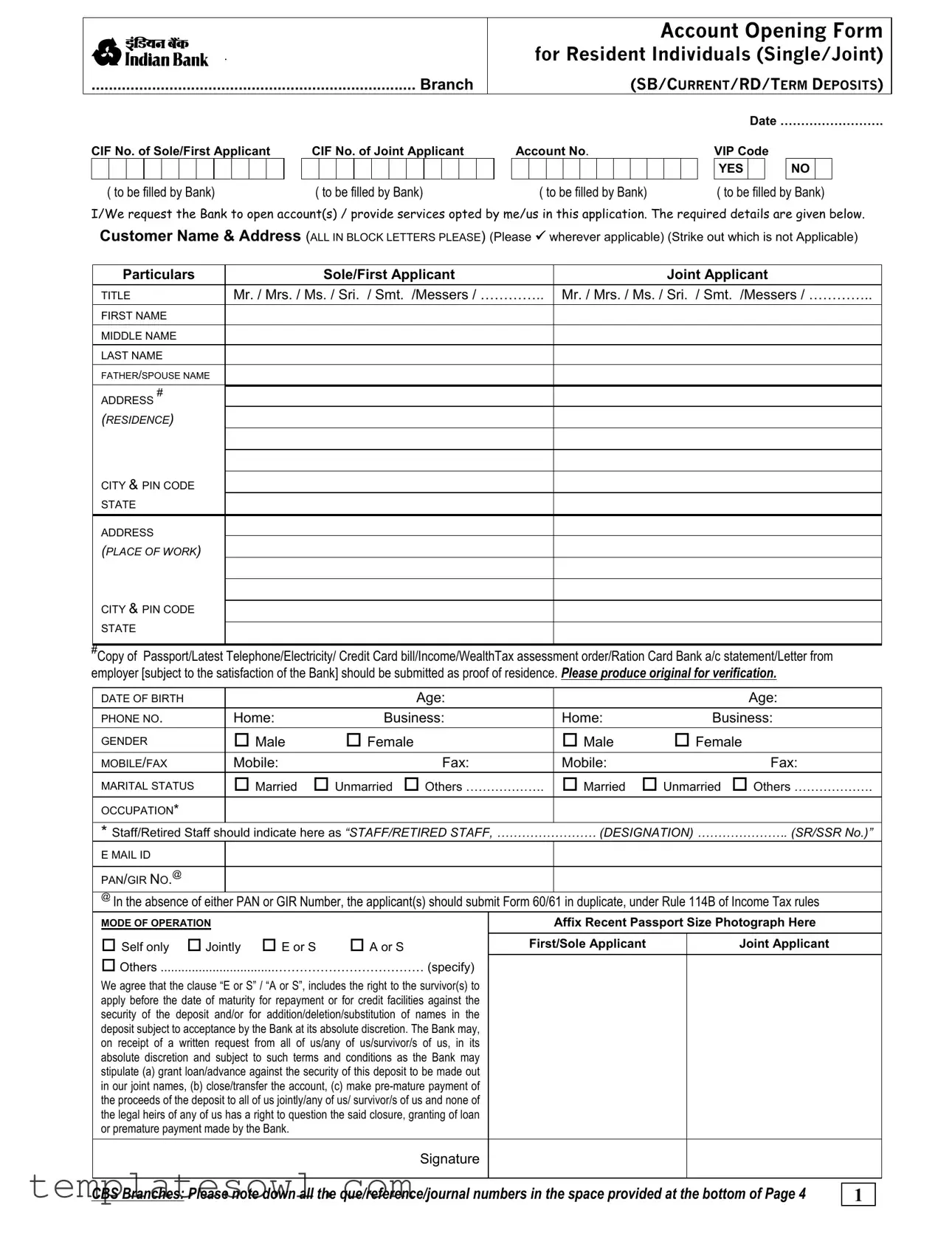 Fill Out Your Indian Bank Account Opening Form