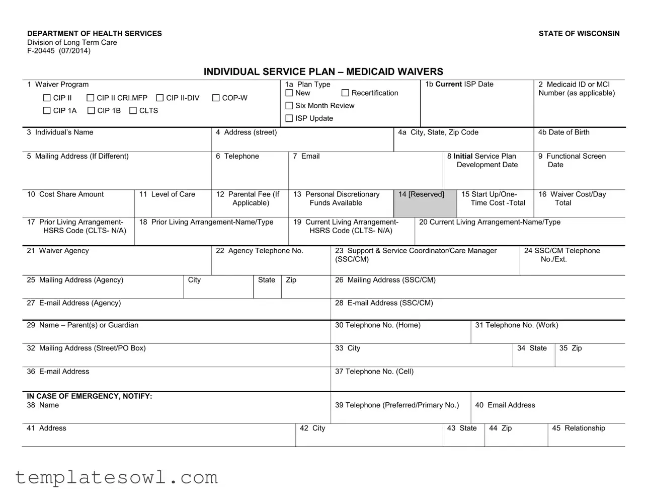 Fill Out Your Individual Service Plan Wisconsin Form