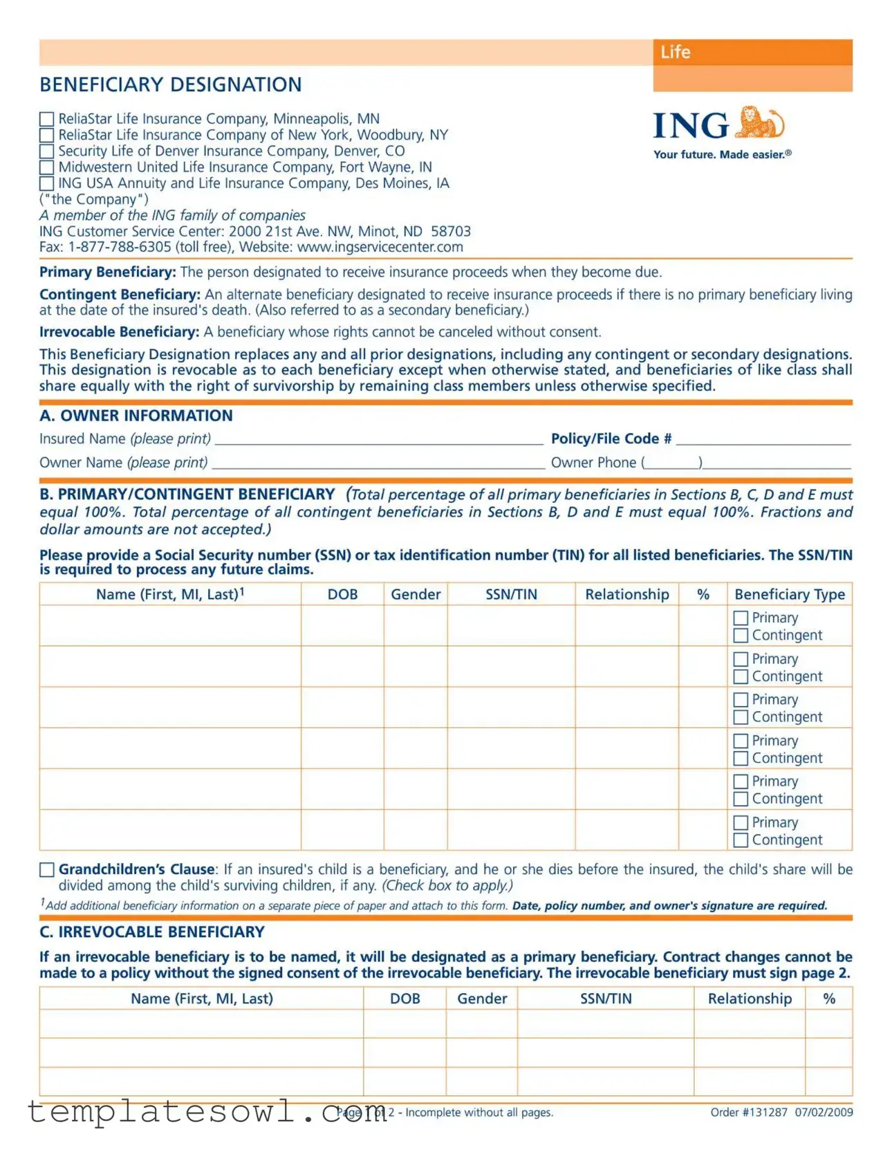 Fill Out Your Ing Beneficiary Form