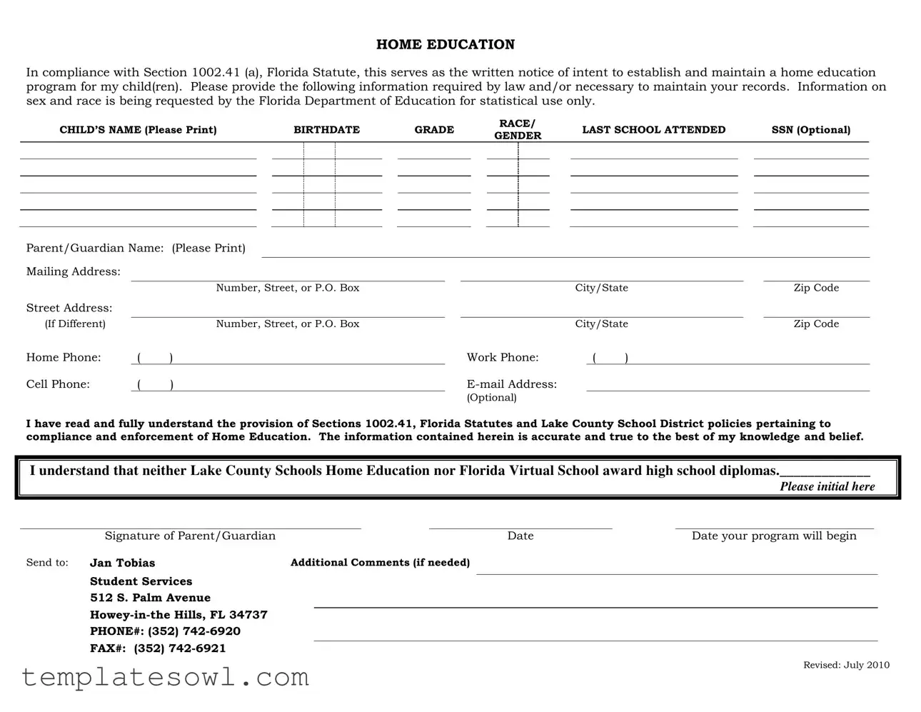 Fill Out Your Intent To Homeschool Florida Form