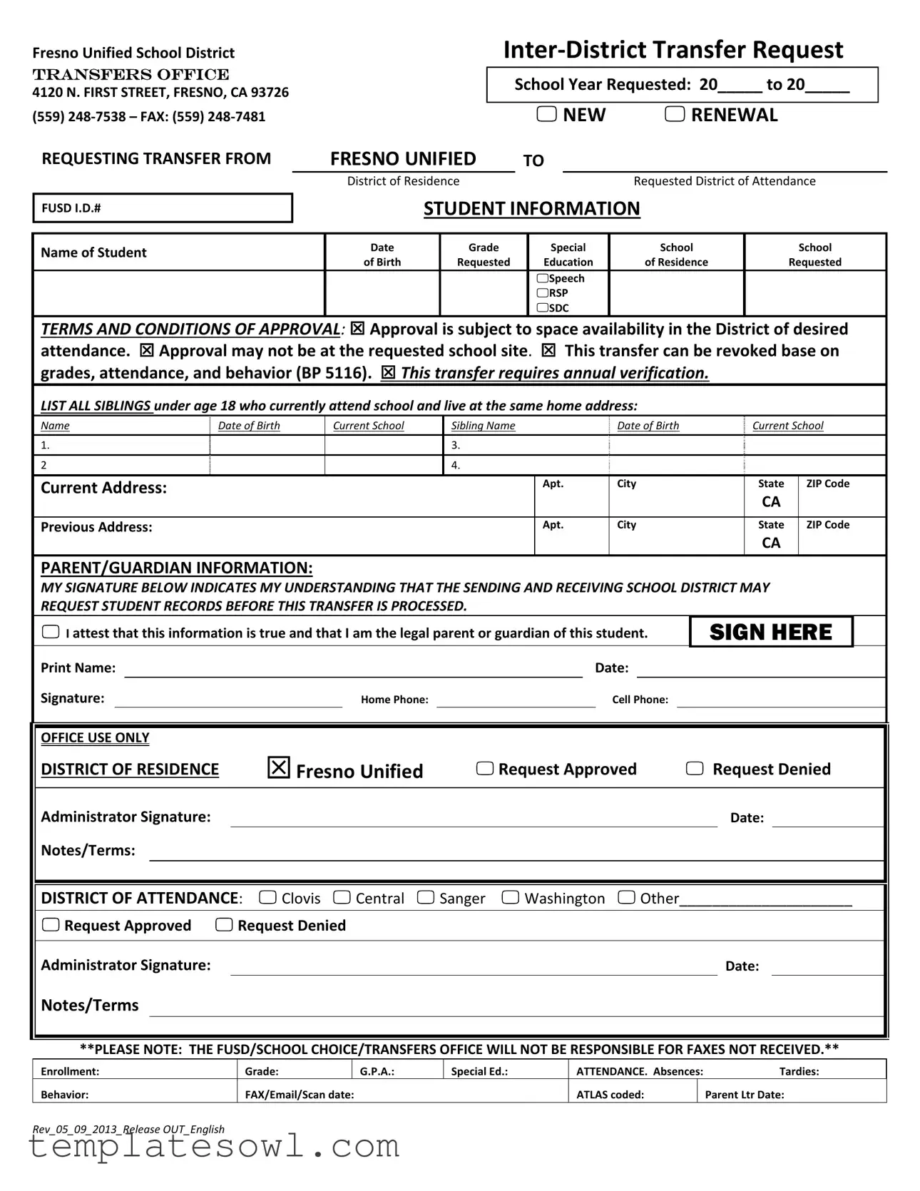 Fill Out Your Inter District Transfer Request Form