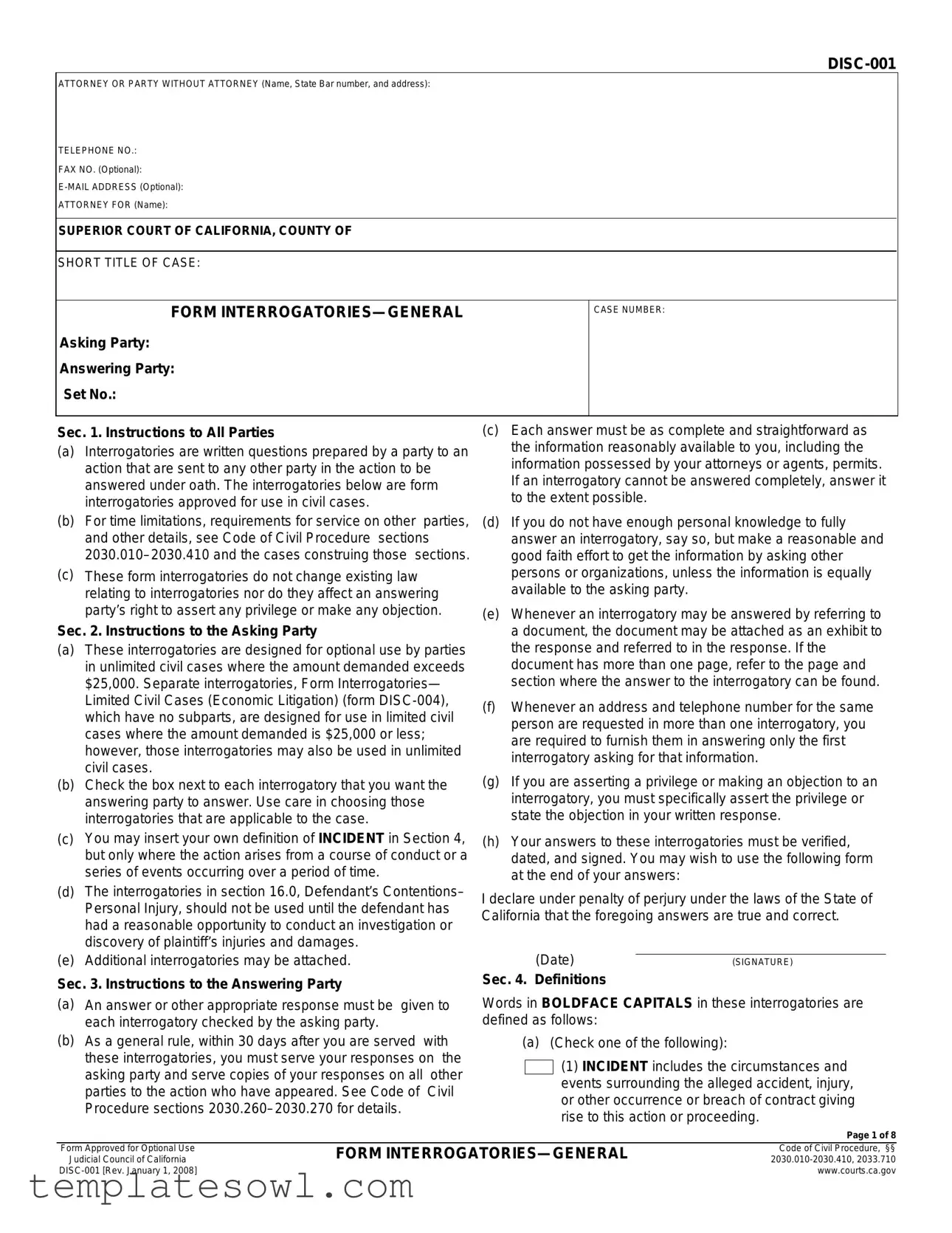 Fill Out Your Interrogatories Disc 001 Form