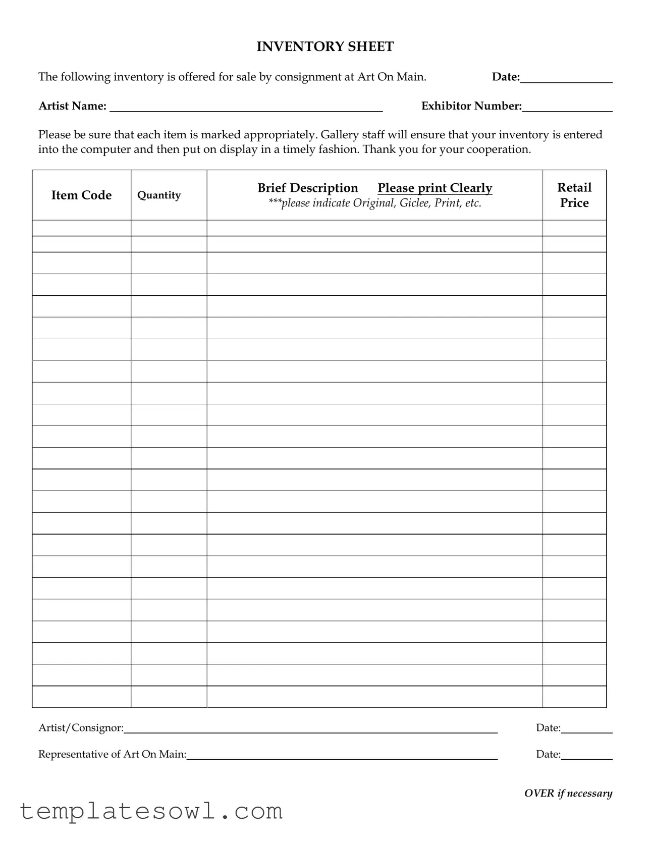 Fill Out Your Inventory Sheet Form